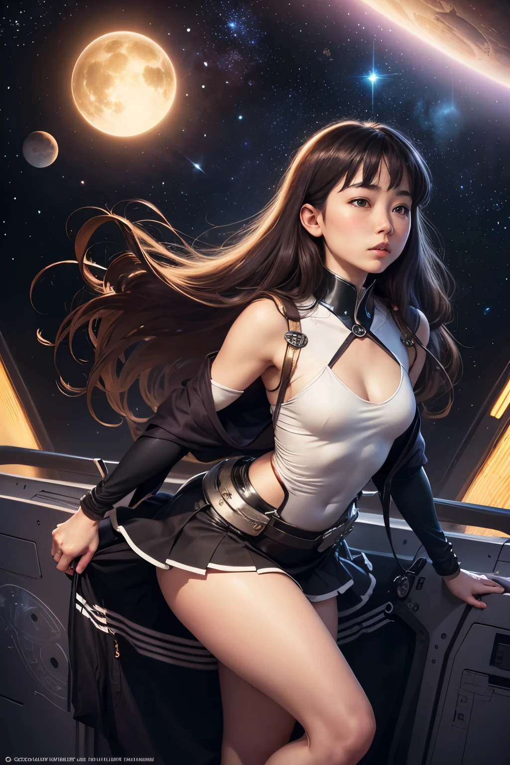 Reimagine the USS Enterprise NCC-1701-D and its crew, enormous tits, in an anime style, with expressive eyes, dynamic poses, and a touch of interstellar adventure. Look to the anime series' dynamic styles for inspiration.