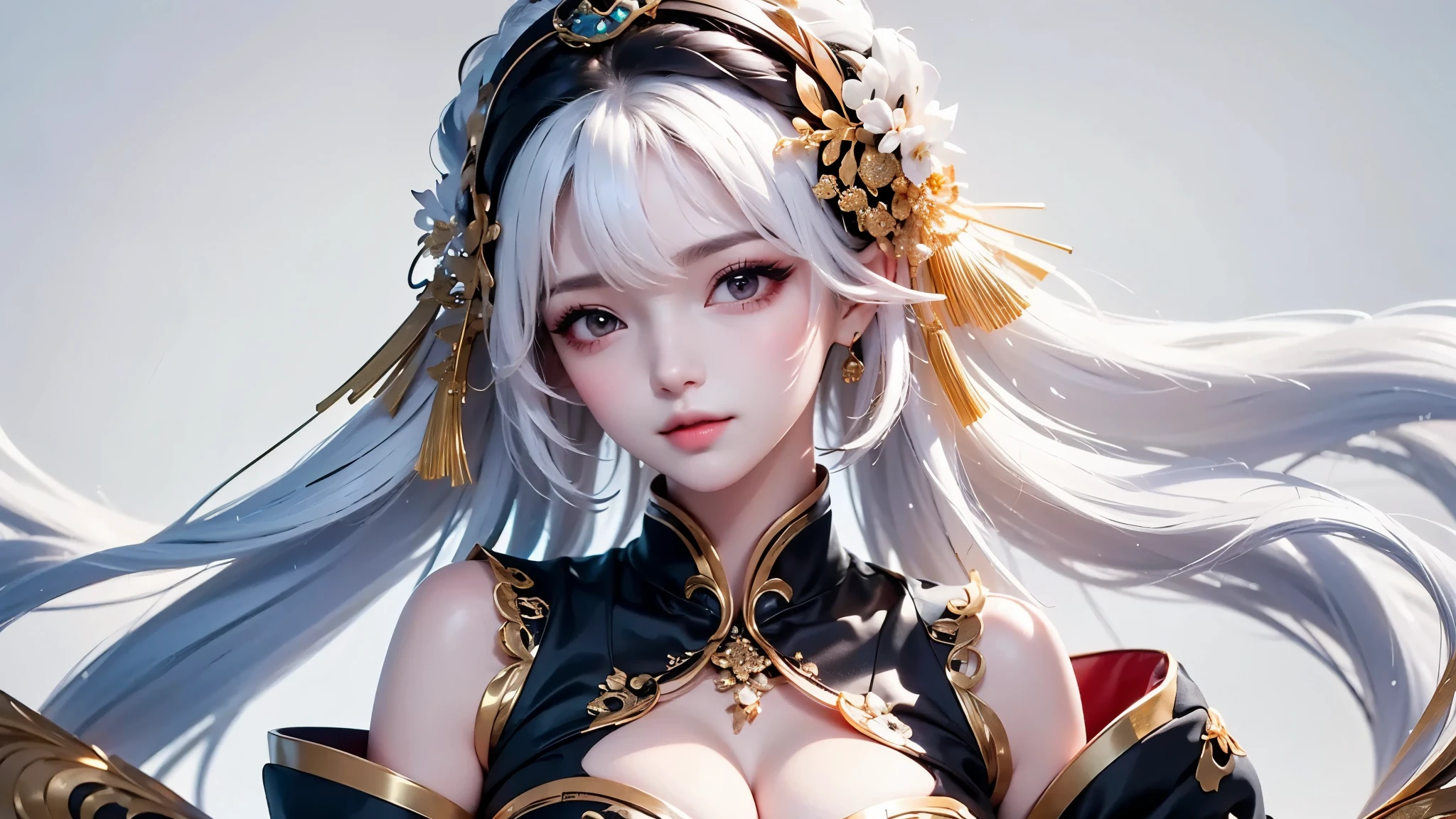 super high quality, masterpiece, Perfect illustration, Very detailed:1.6, white barance, 1girl, 23 years old, cute girl, white hair, sharp and big beautiful eyes, medium breasts, bright skin. fantasy royalty, onmyoji, majesty, asian dress. black and gold clothes. simple background, white background, white dust. hanbok、Chinese royal clothing, tilt head, look far away