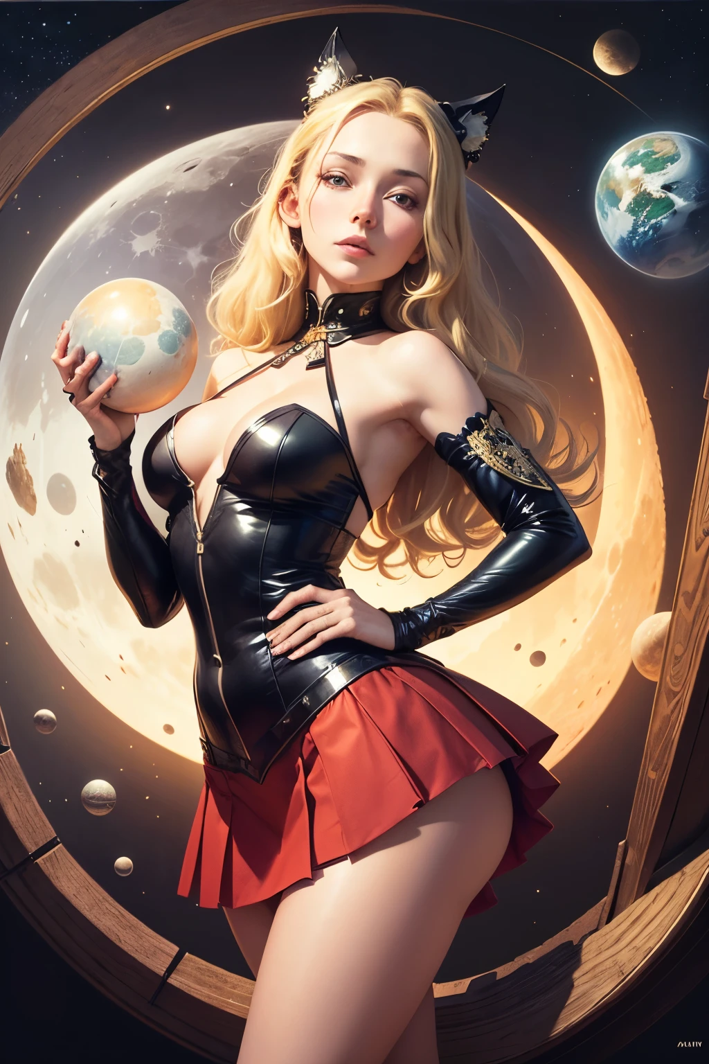 Corinna Luyken, JOE WEBB, Surreal, mysterious, strange, fantastical, fantasy, Sci-fi, Japanese anime, lunar eclipse territory collapse, beautiful blonde miniskirt girl Alice, perfect voluminous body, night utopia, detailed masterpiece