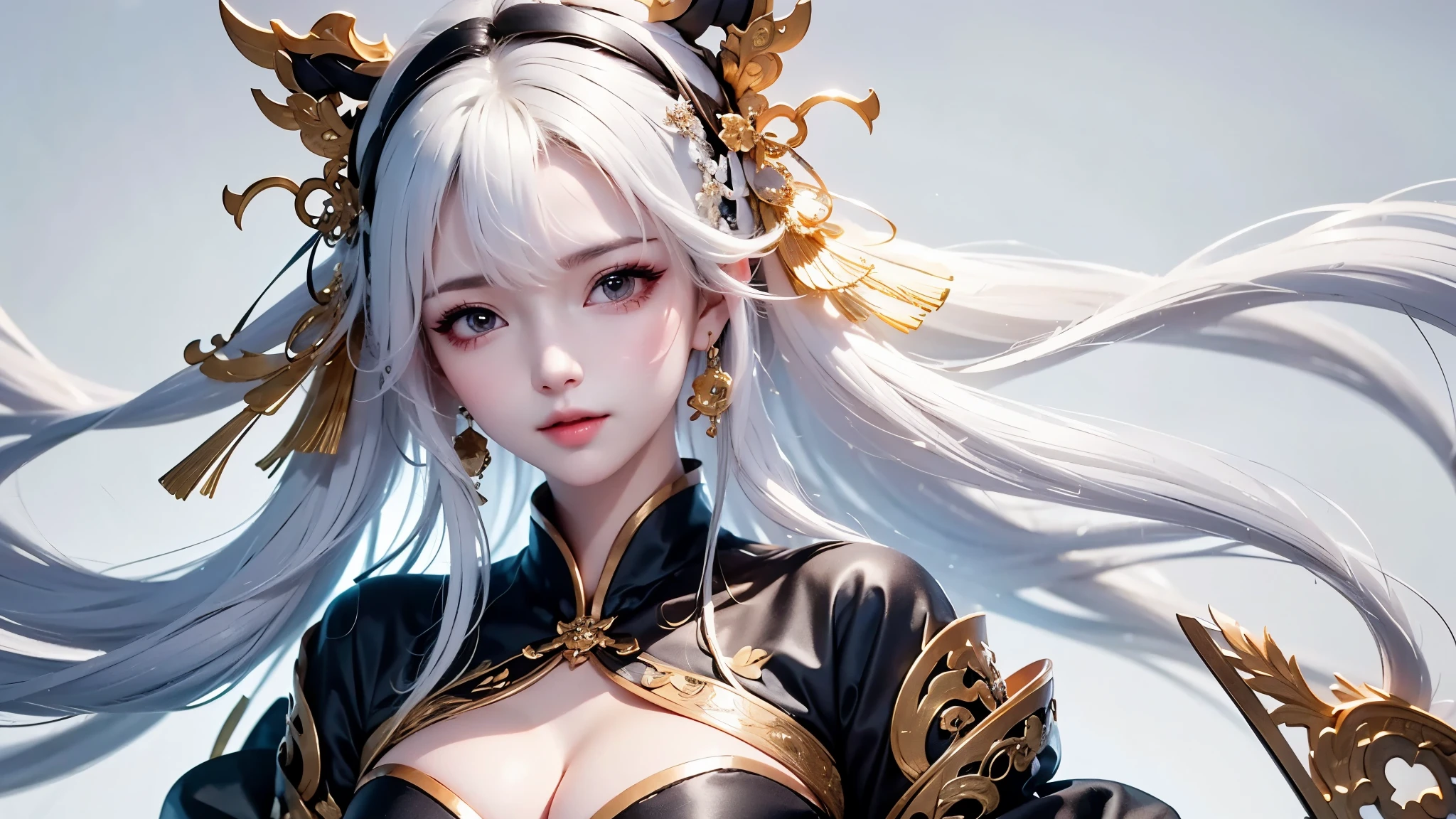 super high quality, masterpiece, Perfect illustration, Very detailed:1.6, white barance, 1girl, 23 years old, cute girl, white hair, sharp and big beautiful eyes, medium breasts, bright skin. fantasy royalty, onmyoji, majesty, asian dress. black and gold clothes. simple background, white background, white dust. hanbok、Chinese royal clothing, tilt head, look far away