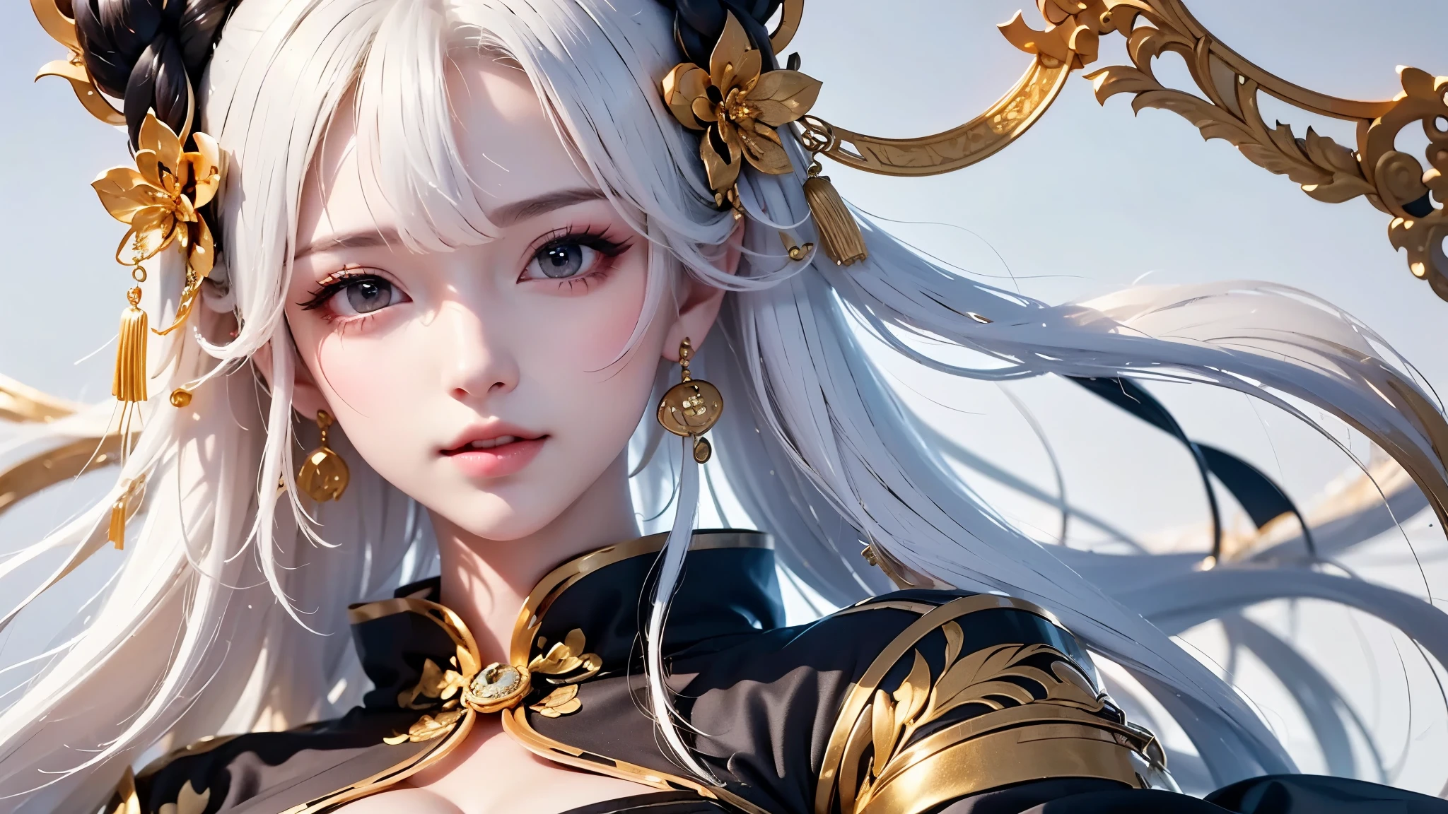super high quality, masterpiece, Perfect illustration, Very detailed:1.6, white barance, 1girl, 23 years old, cute girl, white hair, sharp and big beautiful eyes, medium breasts, bright skin. fantasy royalty, onmyoji, majesty, asian dress. black and gold clothes. simple background, white background, white dust. hanbok、Chinese royal clothing, tilt head, look far away