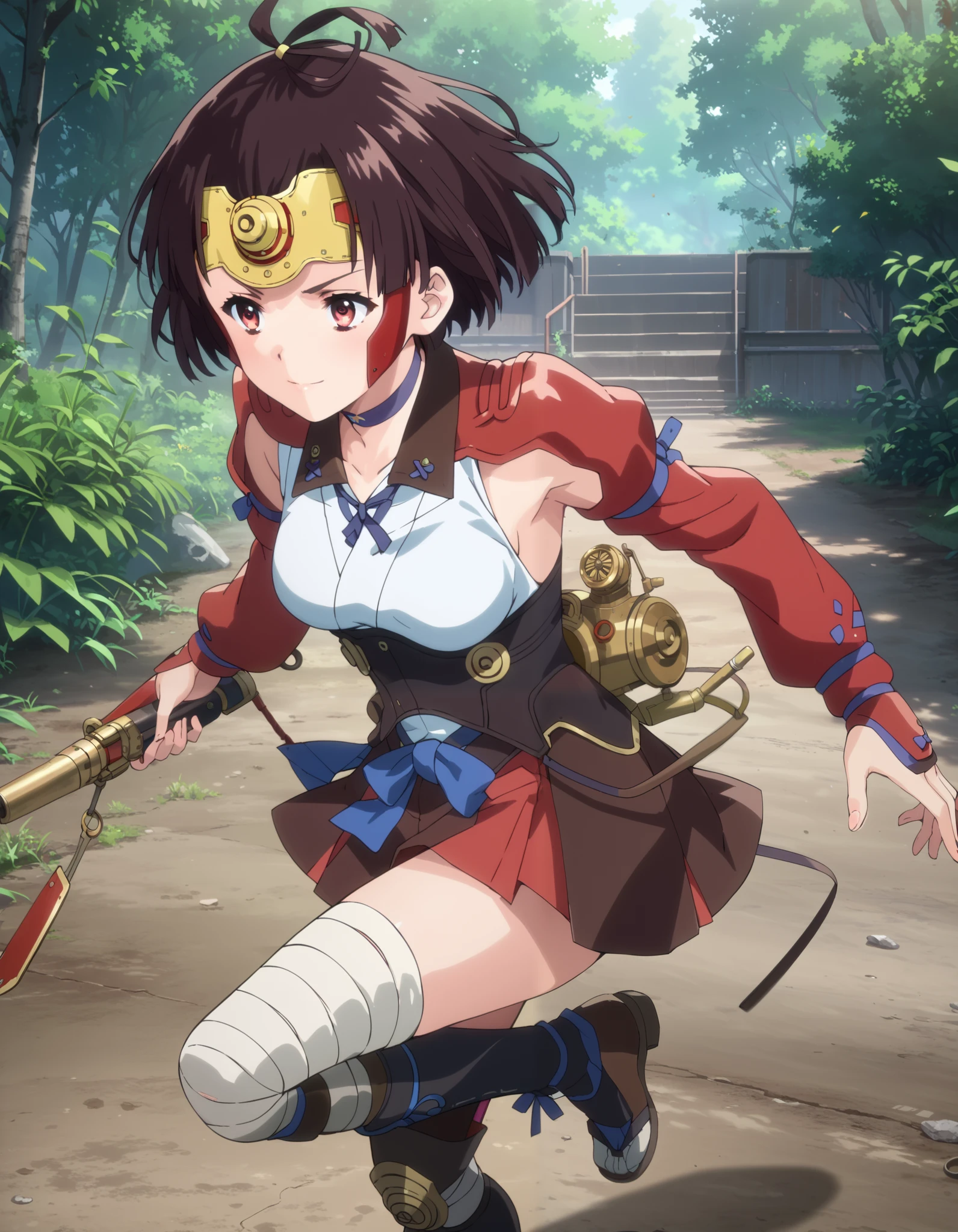 mumei, mumei (kabaneri), short hair, brown hair, black hair, red eyes, medium breasts, anime screencap, skirt, japanese clothes, choker, bandages, hakama, hakama skirt, hakama short skirt, bandaged leg, steampunk, corset, headgear, armpit cutout, 1girl, solo, skinny, score_9, score_8_up, score_8, score_7_up, score_7, score_6_up, score_6, score_5_up, score_5, source_anime, (light smile:1.10), 0.2:outdoors forest, dynamic angle, from above, running fighting stance, attack battle form, , medium breasts,