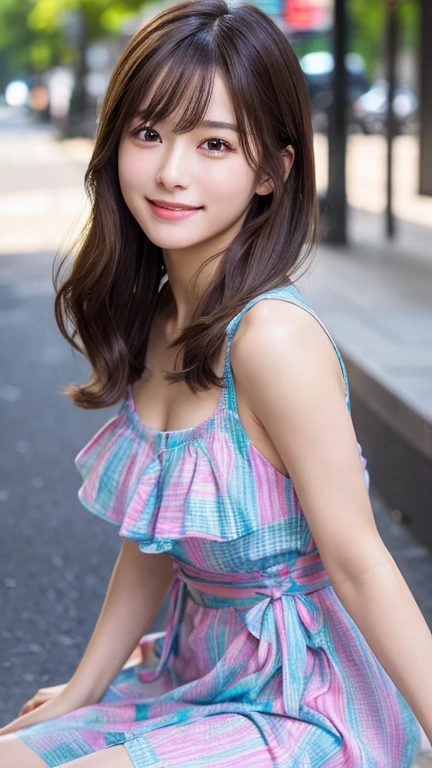 masutepiece, Best Quality, Illustration, Ultra-detailed, finely detail, hight resolution, 8K Wallpaper, Perfect dynamic composition, Beautiful detailed eyes, summer dress,Long hair, mideum breasts, Natural Color Lip, Random and sexy poses,Smile,Aoyama Street Walk、40 year old girl、a short skirt、full body Esbian、