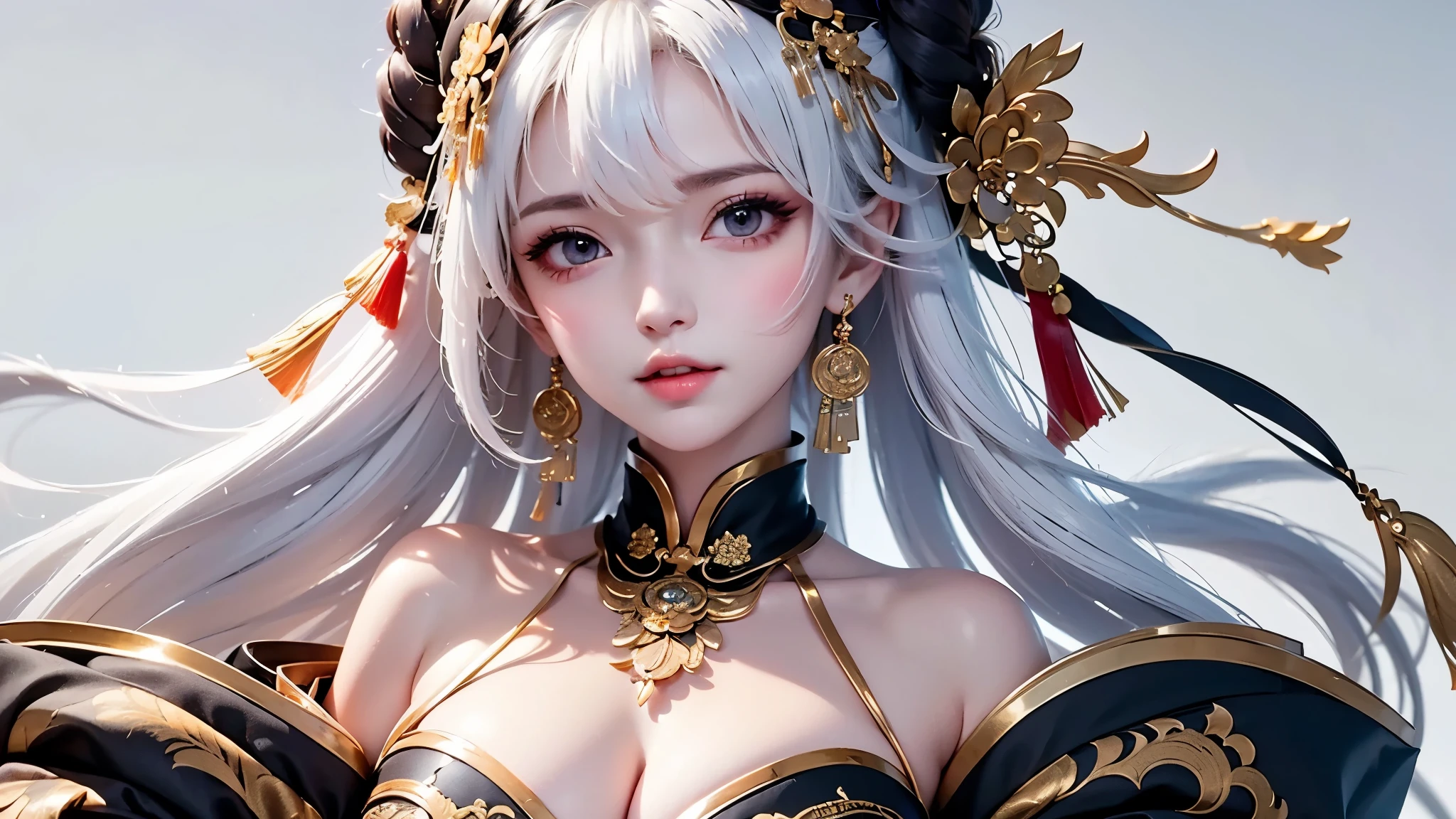 super high quality, masterpiece, Perfect illustration, Very detailed:1.6, white barance, 1girl, 23 years old, cute girl, white hair, sharp and big beautiful eyes, medium breasts, bright skin. fantasy royalty, onmyoji, majesty, asian dress. black and gold clothes. simple background, white background, white dust. hanbok、Chinese royal clothing, tilt head, look far away