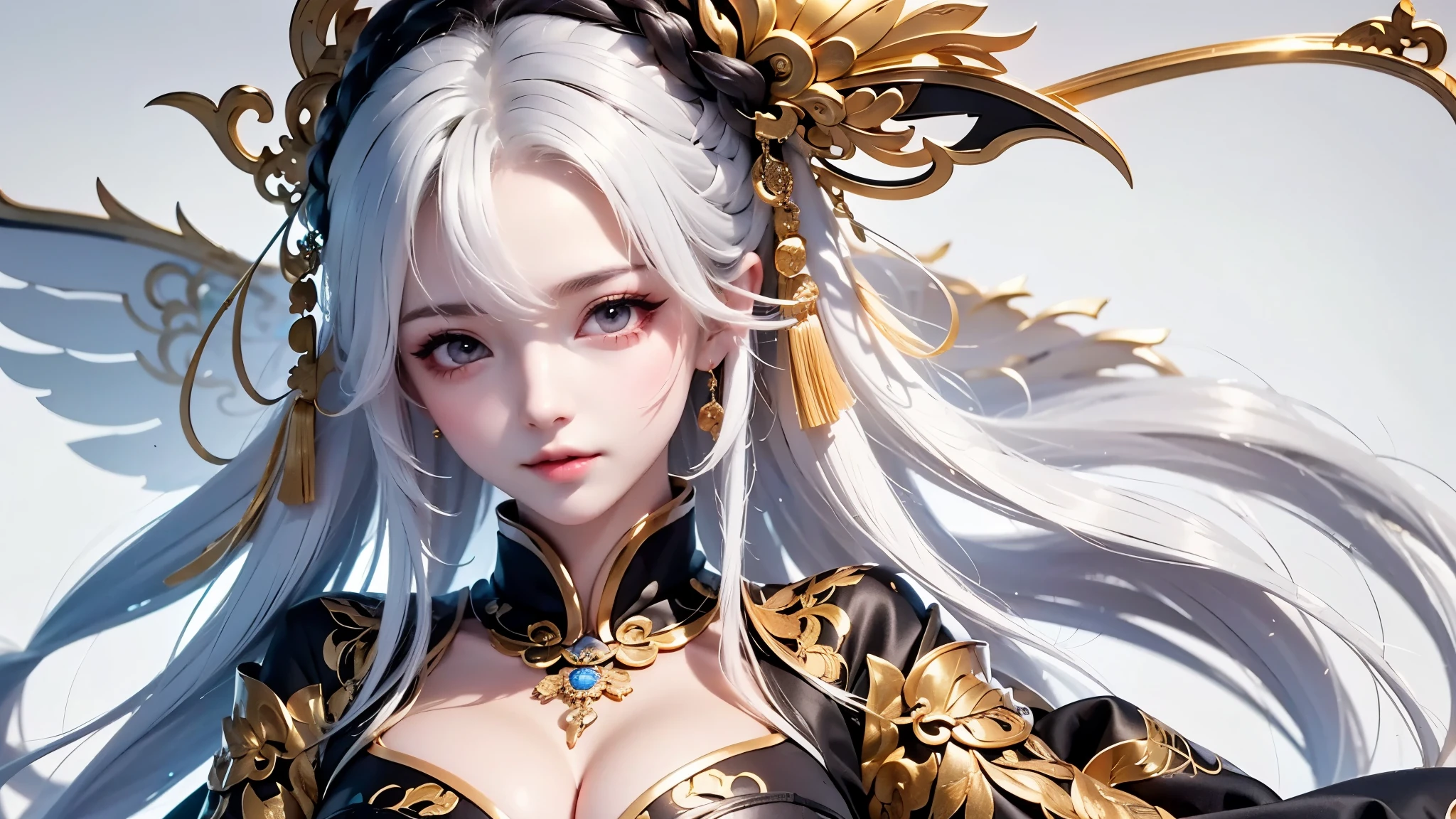 super high quality, masterpiece, Perfect illustration, Very detailed:1.6,　white barance, 1girl, 23 years old, cute girl, white hair, sharp and big beautiful eyes, medium breasts, bright skin. fantasy royalty, onmyoji, majesty, asian dress. black and gold clothes. simple background, white background, white dust. hanbok、Chinese royal clothing, tilt head, look far away
