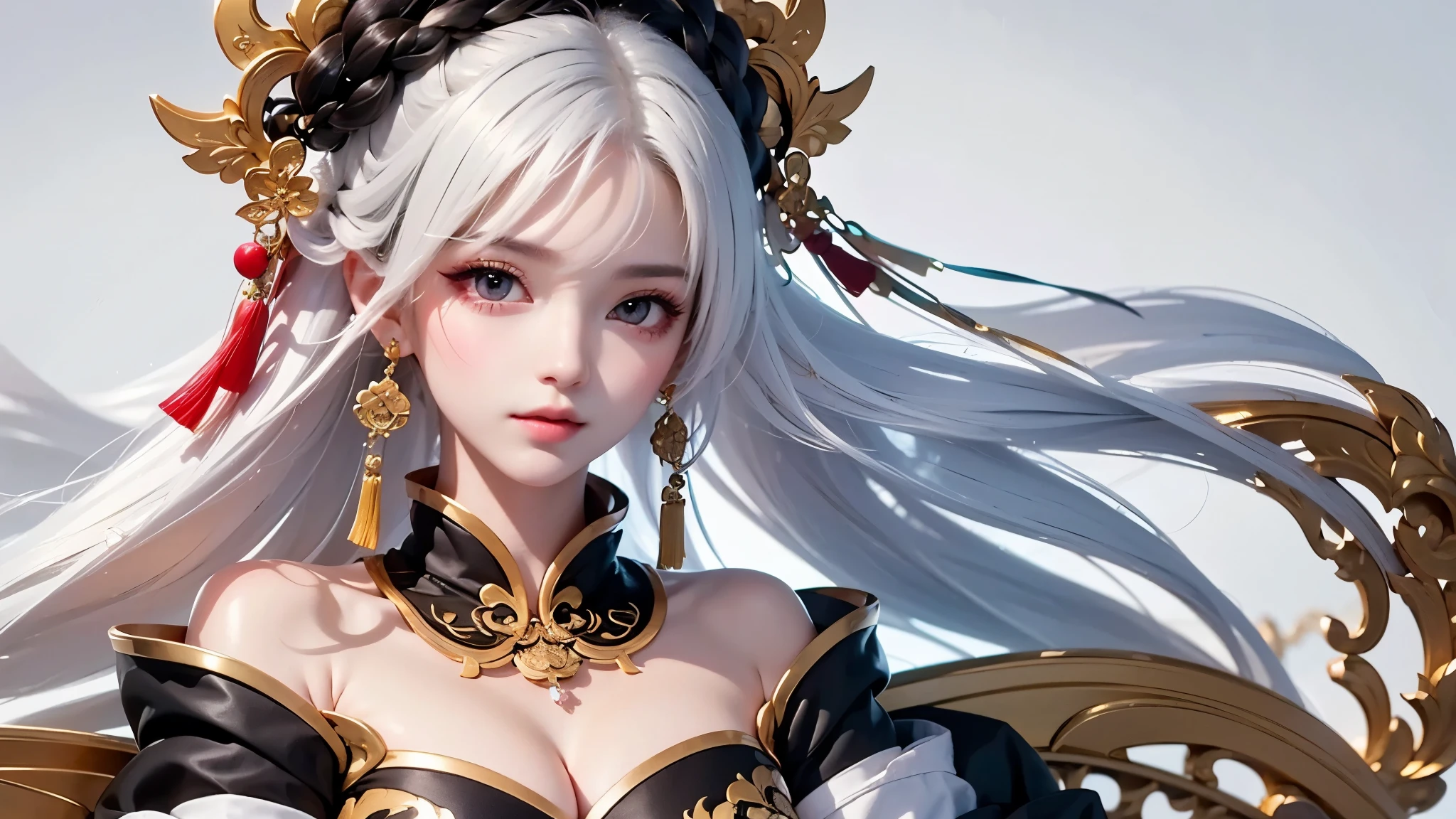 super high quality, masterpiece, Perfect illustration, Very detailed:1.6, white barance, 1girl, 23 years old, cute girl, white hair, sharp and big beautiful eyes, medium breasts, bright skin. fantasy royalty, onmyoji, majesty, asian dress. black and gold clothes. simple background, white background, white dust. hanbok、Chinese royal clothing, tilt head, look far away