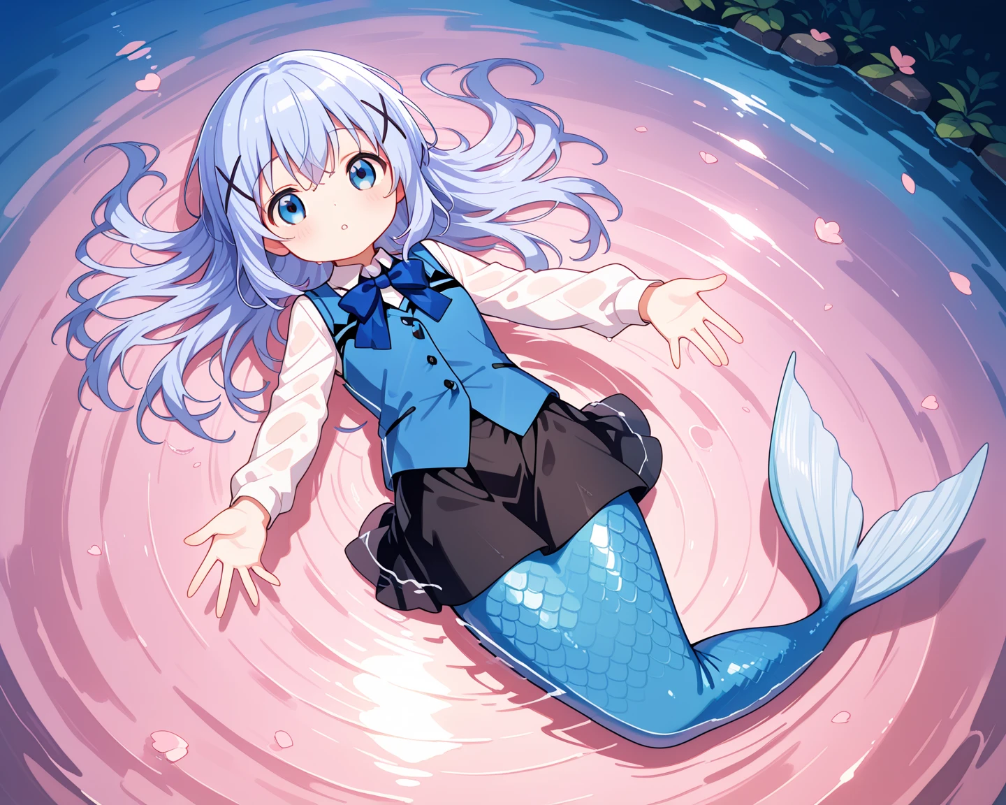 1girl, blue eyes, chino_kafu, periwinkle colored hair, tiny, cute, innocent, long hair, hair ornament, blue hair, dynamic pose, mermaid, light blue tail, lay on, on back, arms reaching toward viewer, submerged, water surface, water ripple, water, sakura, dusk, evening, looking at viewer, skirt, long sleeves, bow, x hair ornament, shirt, hairclip, blue bow, vest, black skirt, bowtie, heart, white shirt, blue vest, solo, collared shirt, (clothed, ultra kawaii), wet, hdr, low contrast,
masterpiece, best quality, absurdres, masterpiece, highres, perfect anatomy, anime style, anime screenshot, 8k wallpaper, ultra high quality, (extremely detailed cg), perfect lighting, (sharp image), dynamic angle