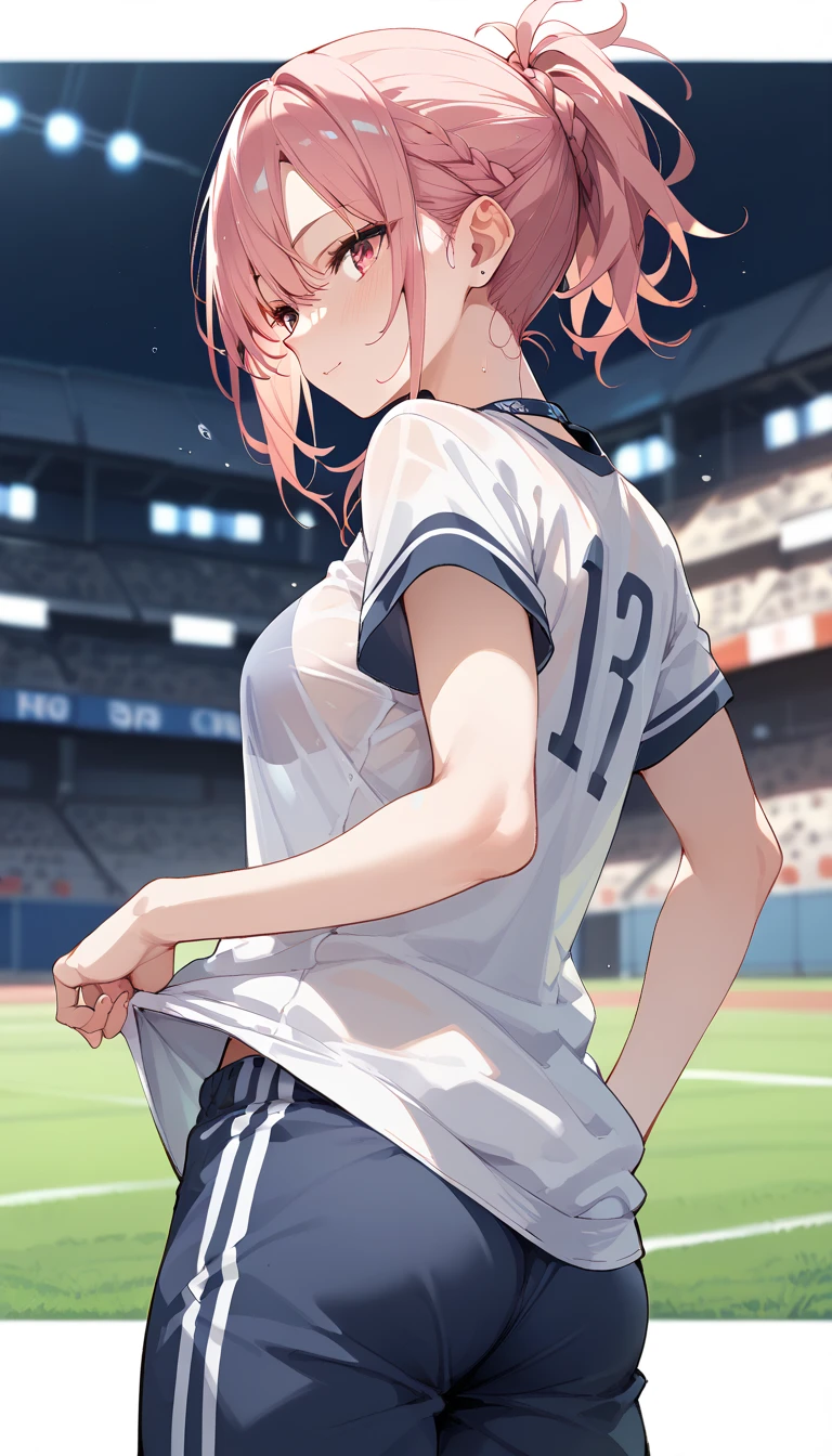 best quality, detailed girl, glaring,serious face,fighter,small breasts,pointy breasts,pink braided short hair,old glasses, (volleyball uniform), lift bra,((((no bra)))),show off spats, lift skart,(long spats),flom gym,perfect anatomy,perfect hands,(shiny skin),back views