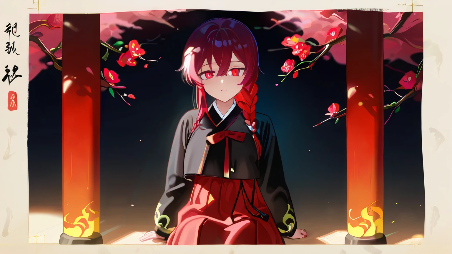 "A beautiful anime-style illustration of a mysterious young woman with long, dark braided hair, wearing a traditional red and black hanbok. She sits gracefully under a blooming plum tree, her melancholic red eyes gazing into the distance. The delicate red flowers around her create a serene yet haunting atmosphere. The background features soft, painterly brush strokes, blending elements of traditional Asian ink painting with a fantasy-inspired ambiance. Detailed lighting and shading add depth, with a slightly ethereal glow enhancing the dreamlike mood. --ar 16:9