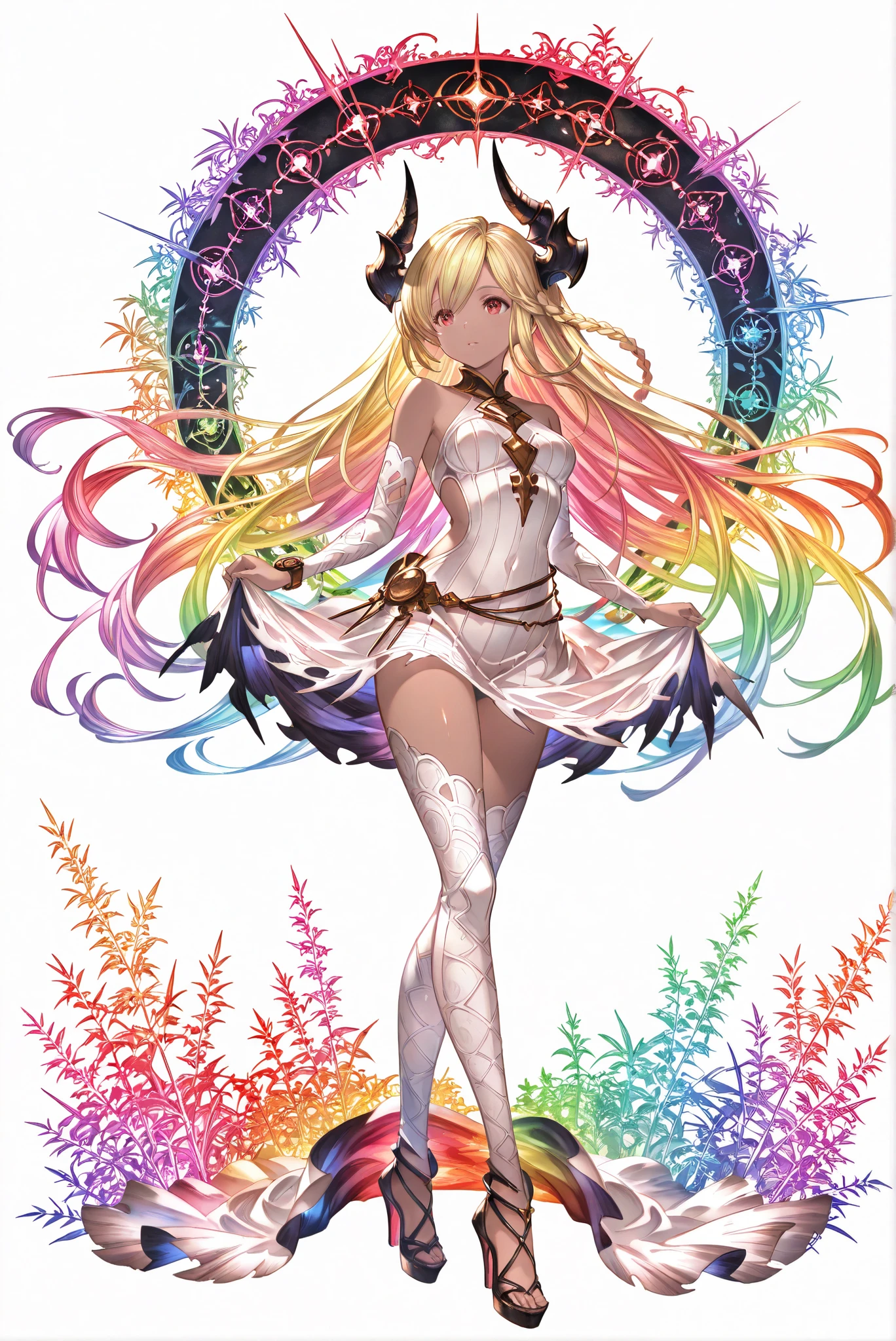 ( stands,whole body,heels,front view,Standing picture,white background:1.7),HoleHeels,oval/Circle/Thorn/Horn Heels,,Limited Color Palette,Colorful,Vivid Color,flashing silhouette,neon,black light ,watch, masterpiece, Very Beautiful,, shiny skin, golden ornaments, , Granblue_ fantasy, Helel_Ben_Shalem, dark skin, Blonde, long hair, braid, red eyes,Birch Girl, (由枯萎plant製成的美麗女孩), fantasy, Feet Rooted,Walking to Earth, Long White Curry Hair , The eyes and face of Shirakabayashi , plant, Beautiful Psychedelic, Made of White Faux Birch Apparel,With Intricate Weave,