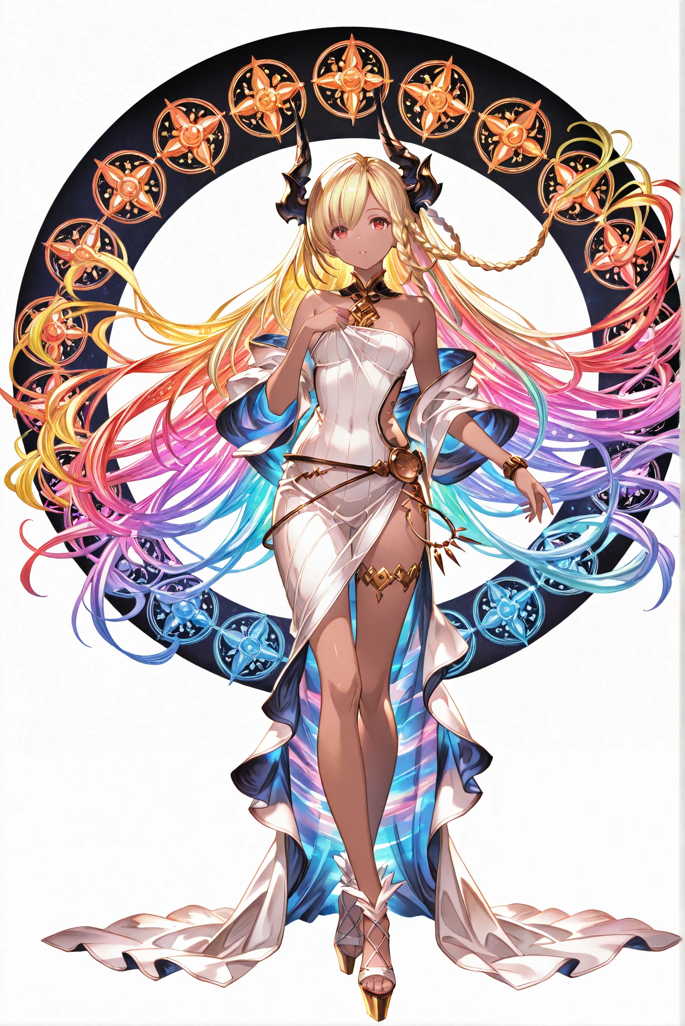( stands,whole body,heels, front view,Standing picture,white background:1.7),HoleHeels,oval/Circle/Thorn/Horn Heels,,Limited Color Palette,Colorful, vivid colors ,flashing silhouette,neon,black light ,watch, masterpiece, Very Beautiful,, shiny skin, golden ornaments, , Granblue_ fantasy, Helel_Ben_Shalem, dark skin, Blonde, long hair, braid, red eyes,Birch Girl, (由枯萎plant製成的美麗女孩), fantasy, Feet Rooted,Walking to Earth, Long White Curry Hair , The eyes and face of Shirakabayashi , plant, Beautiful Psychedelic, Made of White Faux Birch Apparel,With Intricate Weave,