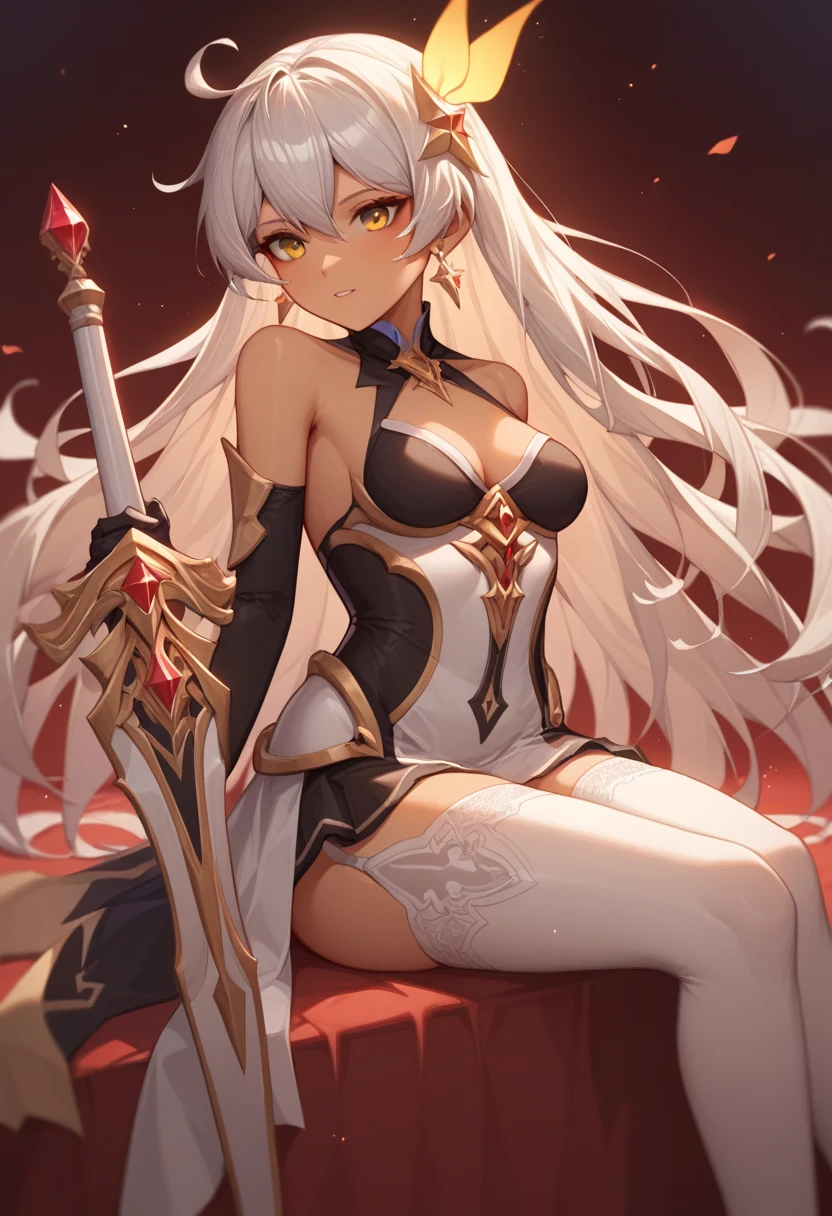(simple hands:0.5)+(detailed hands:0.7), (masterwork), (best quality), white hair, red eyes,1girl, pale skin, white hair, red eyes, two tone hair, eyelashes, bracelet, jewelry, smile, gleaming skin, shiny hair, detailed and majestic stage, Fantasy, Long Hair, 1 girl, two-tone hair, night sky, Incredibly detailed CG illustration masterpiece, looking at you, anime, beautiful anime eyes, beautiful detailed eyes, eyes, glittering eyes, red eyes, galaxy, nebula, (full body), (curvy),
