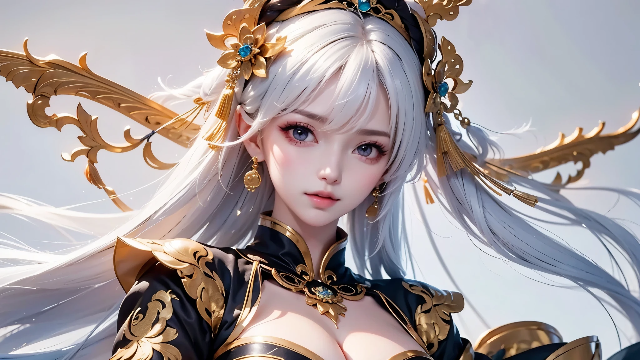 super high quality, masterpiece, Perfect illustration, Very detailed:1.6, white barance, 1girl, 23 years old, cute girl, white hair, sharp and big beautiful eyes, medium breasts, bright skin. fantasy royalty, onmyoji, majesty, asian dress. black and gold clothes. simple background, white background, white dust. hanbok、Chinese royal clothing, tilt head, look far away