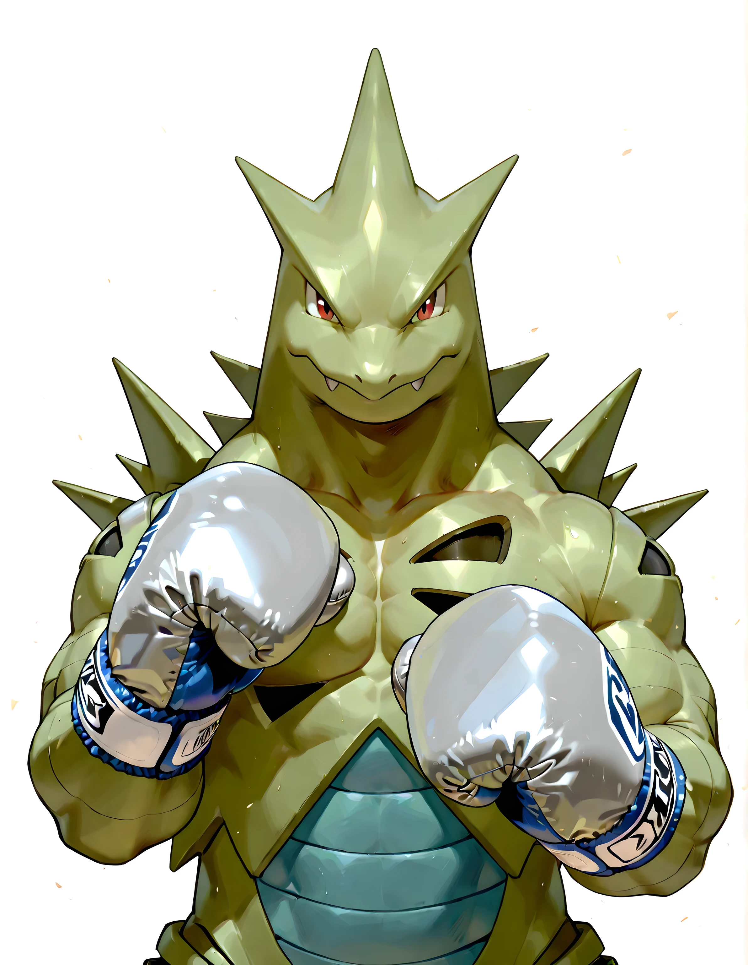 tyranitar, high quality, male, solo, white background, no background, looking at viewer, posing, half body, muscular, wearing grey boxing_gloves, pov_boxing, boxing posture, boxing stance, front view, pecs