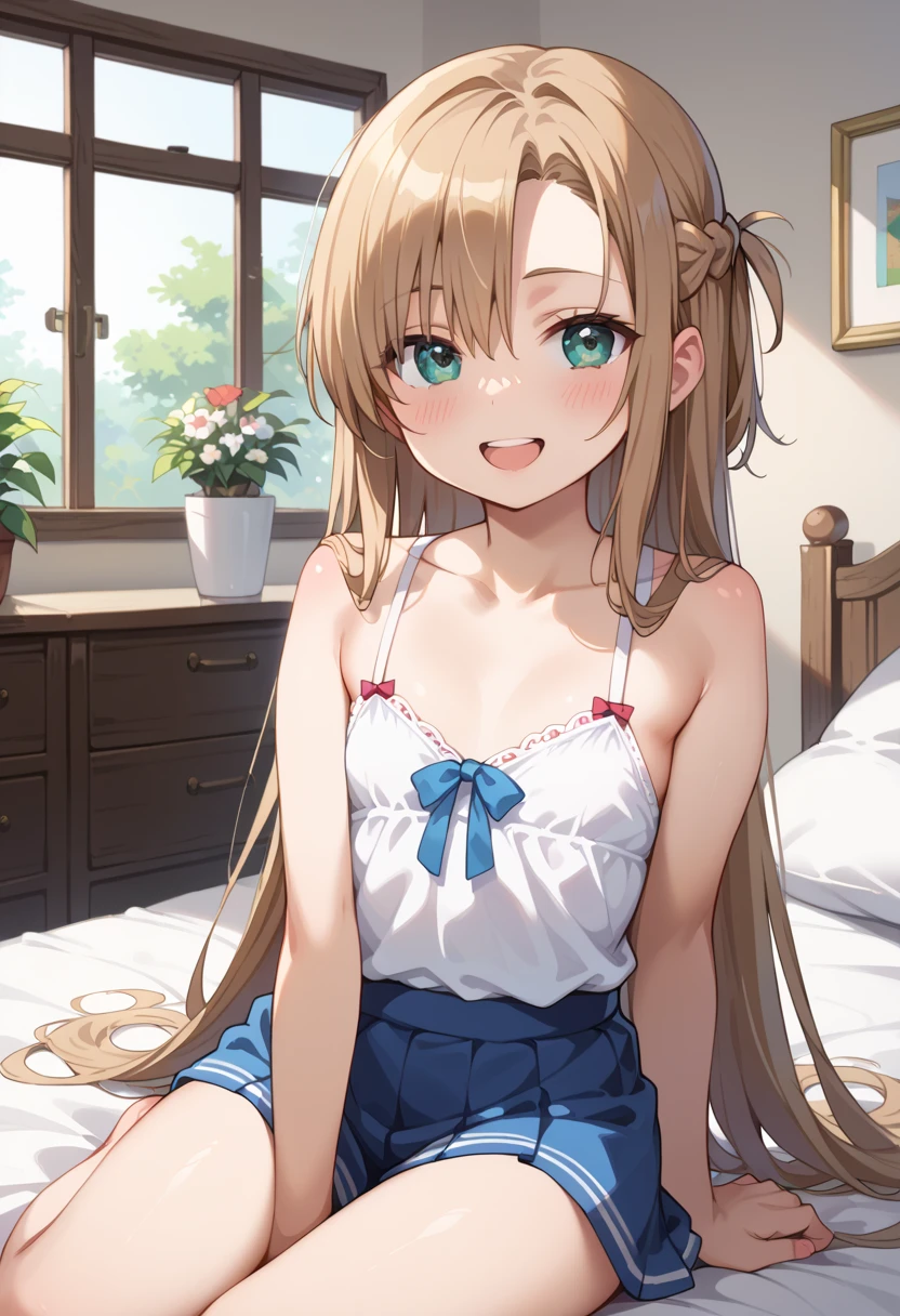 score_9, score_8_up, source_anime, 1girl, solo, KlaudiaValentz, long hair, side braid, hairband, white hair bow, all fours, on bed, cleavage, seductive smile, tank top, downblouse, gym shorts, <lora:ChamKlaudiaValentzPonyXL:1>