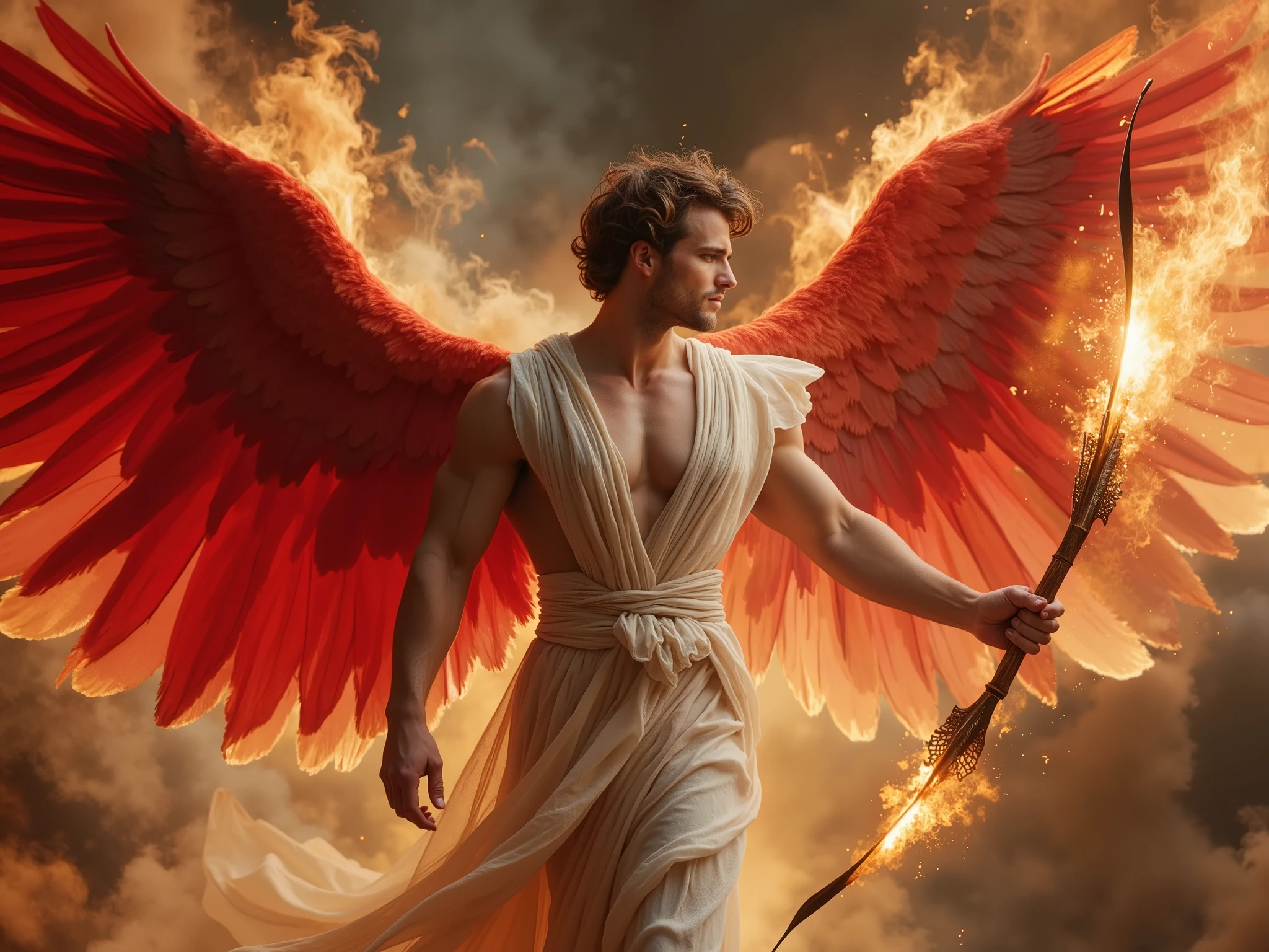 Beautiful male angel, In an erotic pose, demonstrating the power of his divine arrow. male angel , erotic, attractive male , muscular body , white skin, short brown hair, green eyes, with huge red wings, wearing a transparent robe, pectorals display.