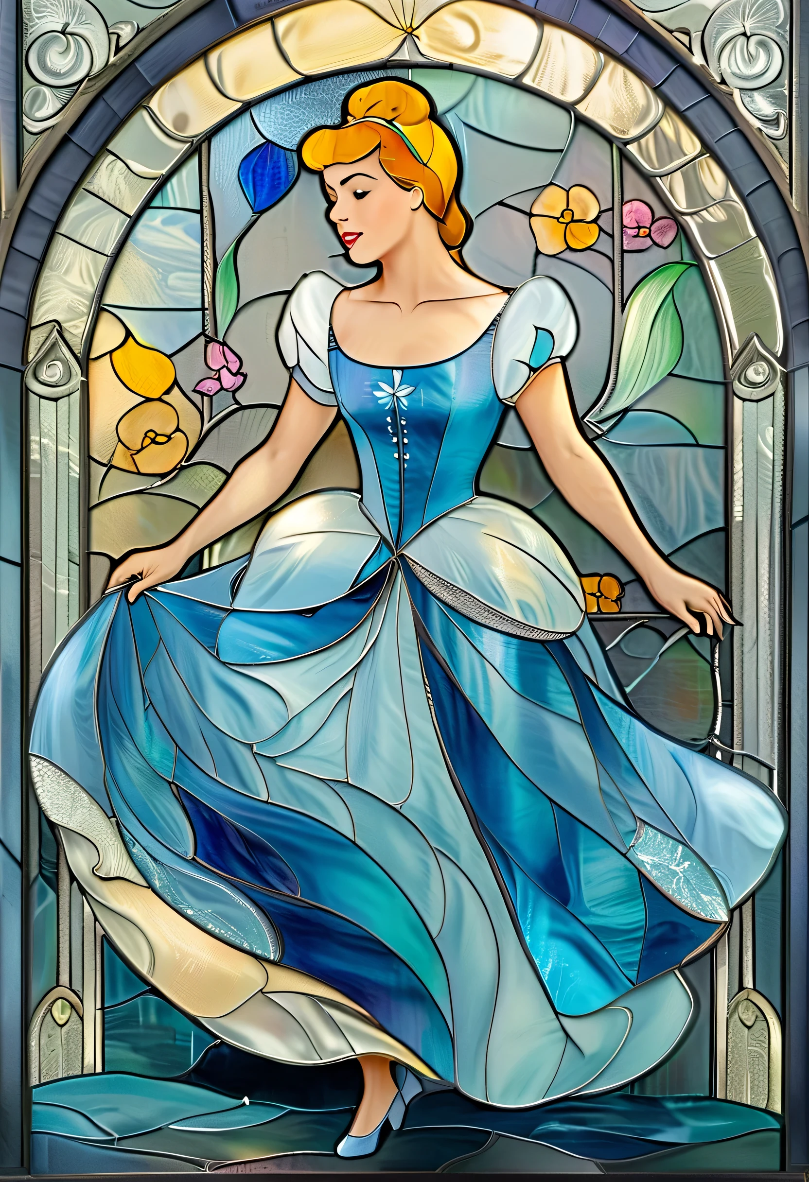 a painting of a woman in a blue dress standing in front of a stained glass window, stained glass art, disney art style, art in the style of disney, disney art, stained glass style, inspired by disney, stain glass, cinderella, disney artstyle, disney artist, stained glass, stained glass!!, glowing stained glass backdrop, disney concept art