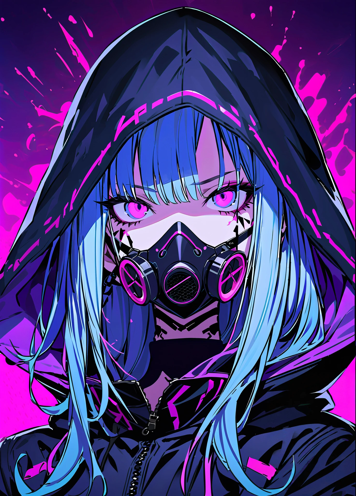 1girl, masterpiece, best quality, 4k wallpaper, solo, mouth mask, looking at viewer, cyberpunk, purple hair, multicolored eyes, blood, eyelashes, portrait, long hair, tube, purple eyes, respirator, blue hair, hooded jacket, sharp teeth, hood up, glowing, makeup, hoodie, tongue, open mouth,(masterpiece), best quality, absurdres, high score, great score