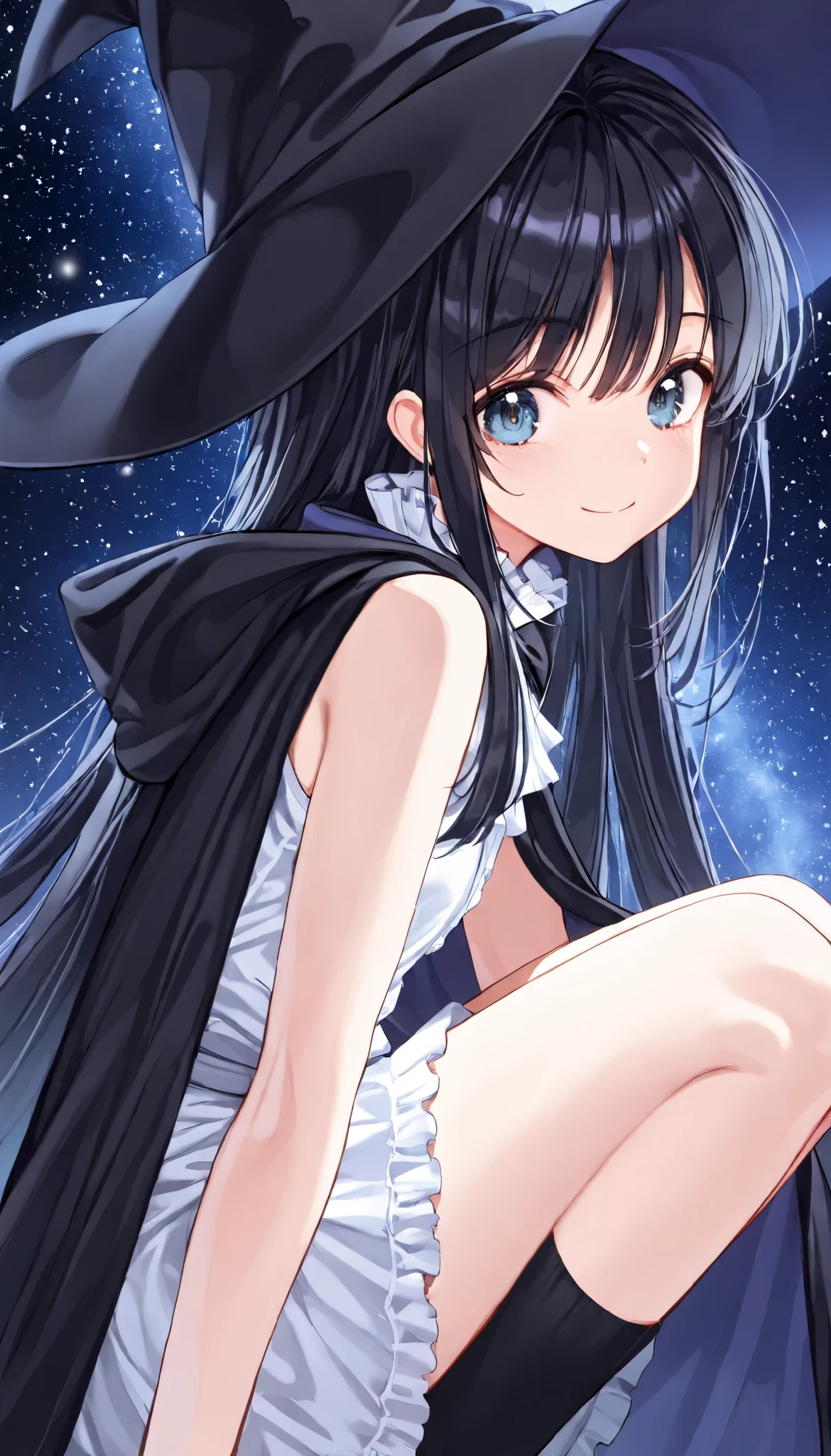 1girll, solo, flutes, White colored sleeveless blouse, Long black hair, looking at viewer, light particules, Smile, starry sky, Wizard's Hat, By bangs, From the side, (wearring black hooded coat, fluffy), tilt of the head, beatiful detailed eyes, detailed back ground, black long socks