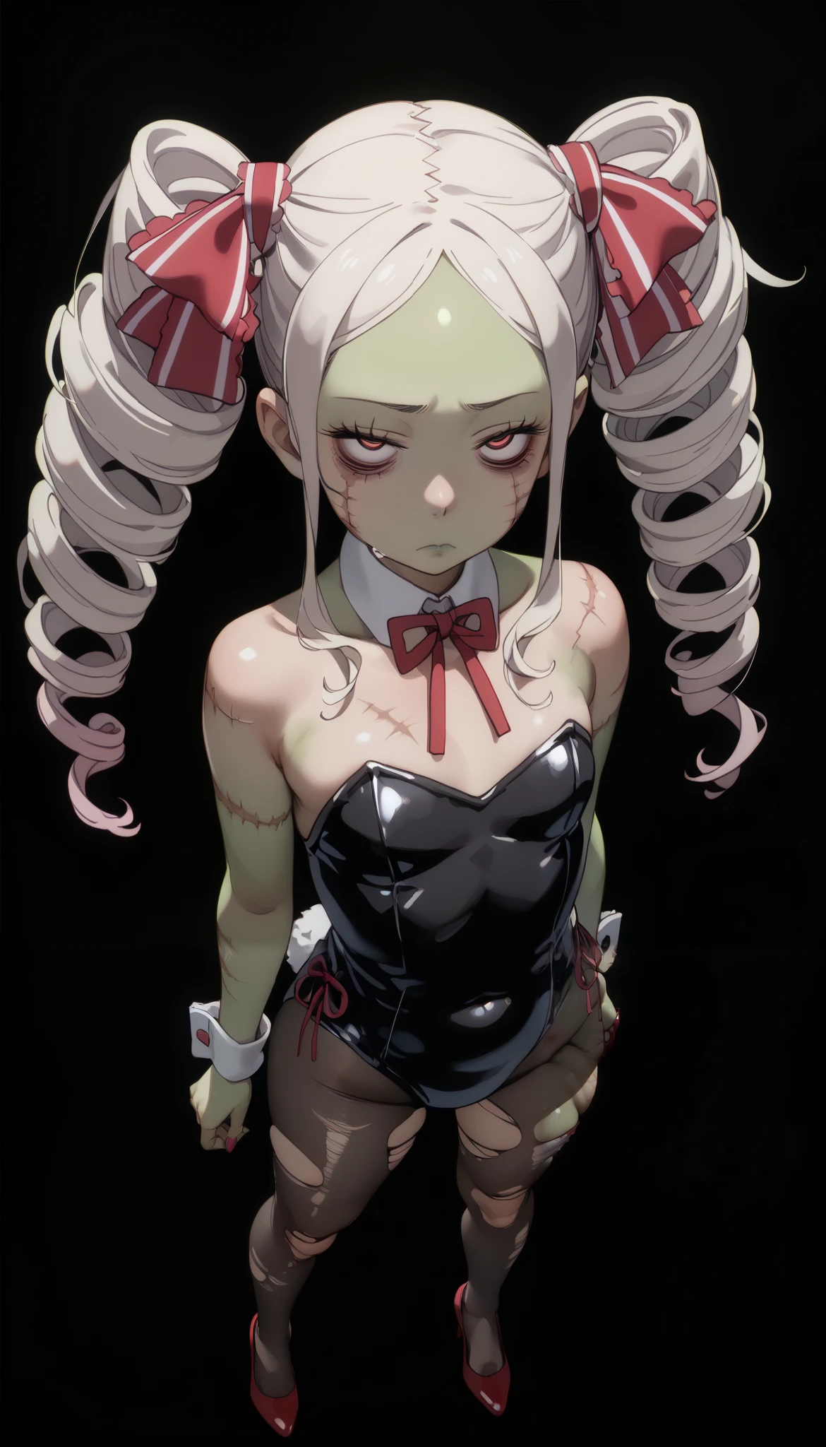 (Has long pale hair that is almost creamy,Double-wound ponytails are woven in vertical rolls),pinklip、harming curves、Wet body、Spread your legs、 (glossy lip gloss、Long eyelashes、Gloss Face) 、Sexy expression、(((expressionless)))、(((from above)))、(((dead eyes))) 、flat chest、big thigh、(((zombie girl、simple black background、green skin)))、Mutated monster girl、Mutated girl、(((operation scar、Burn scar)))、blood、standing position、((ripped and torn and tattered))、playboybunny、bunnysuit、(((plump)))