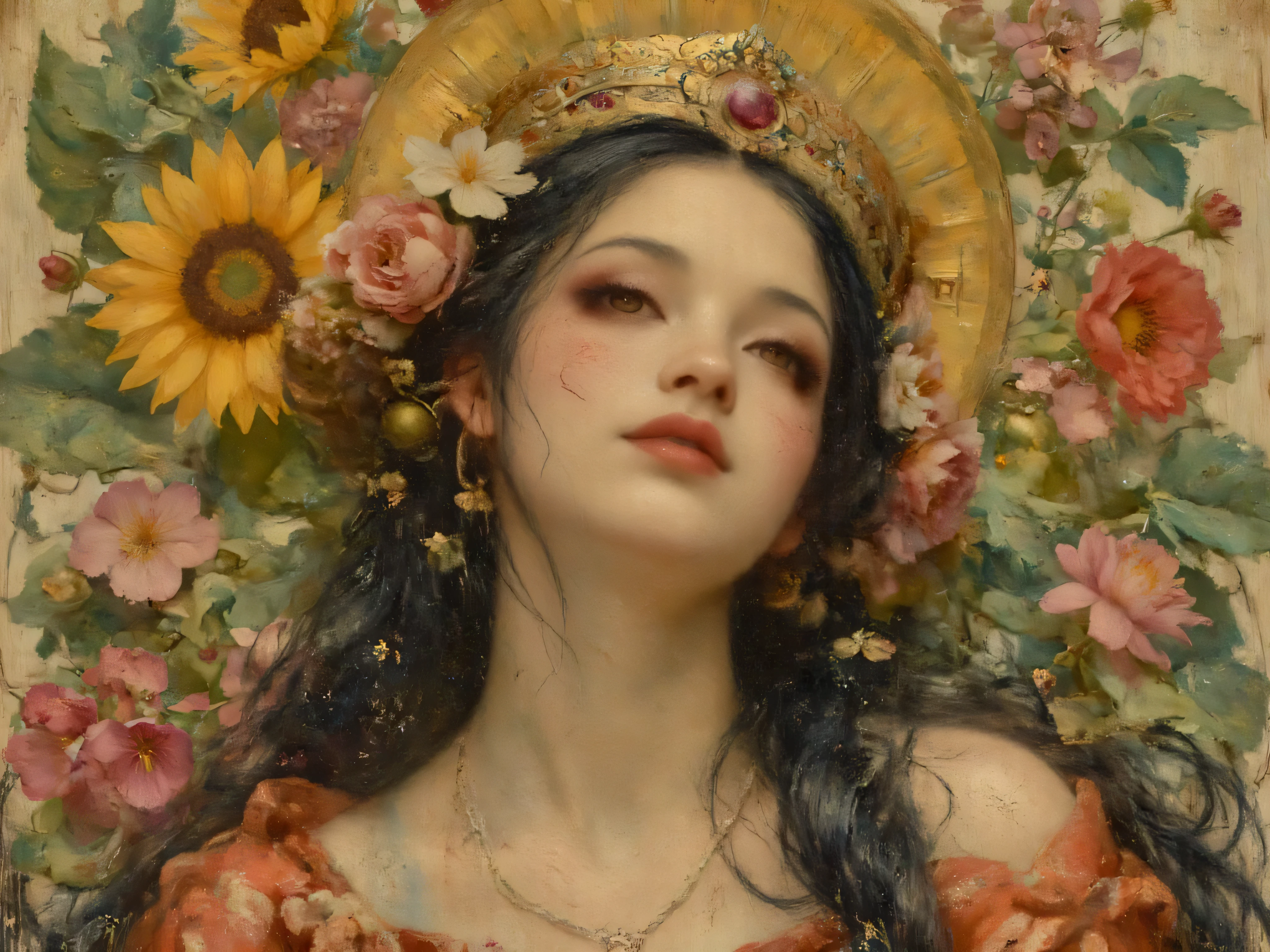 A hyperrealistic portrait painting of a pale latina woman with a halo headdress with golden crowns, dark flowing hair, and a background of palms, roses, sunflowers, and large oleander leaves like an oil painting