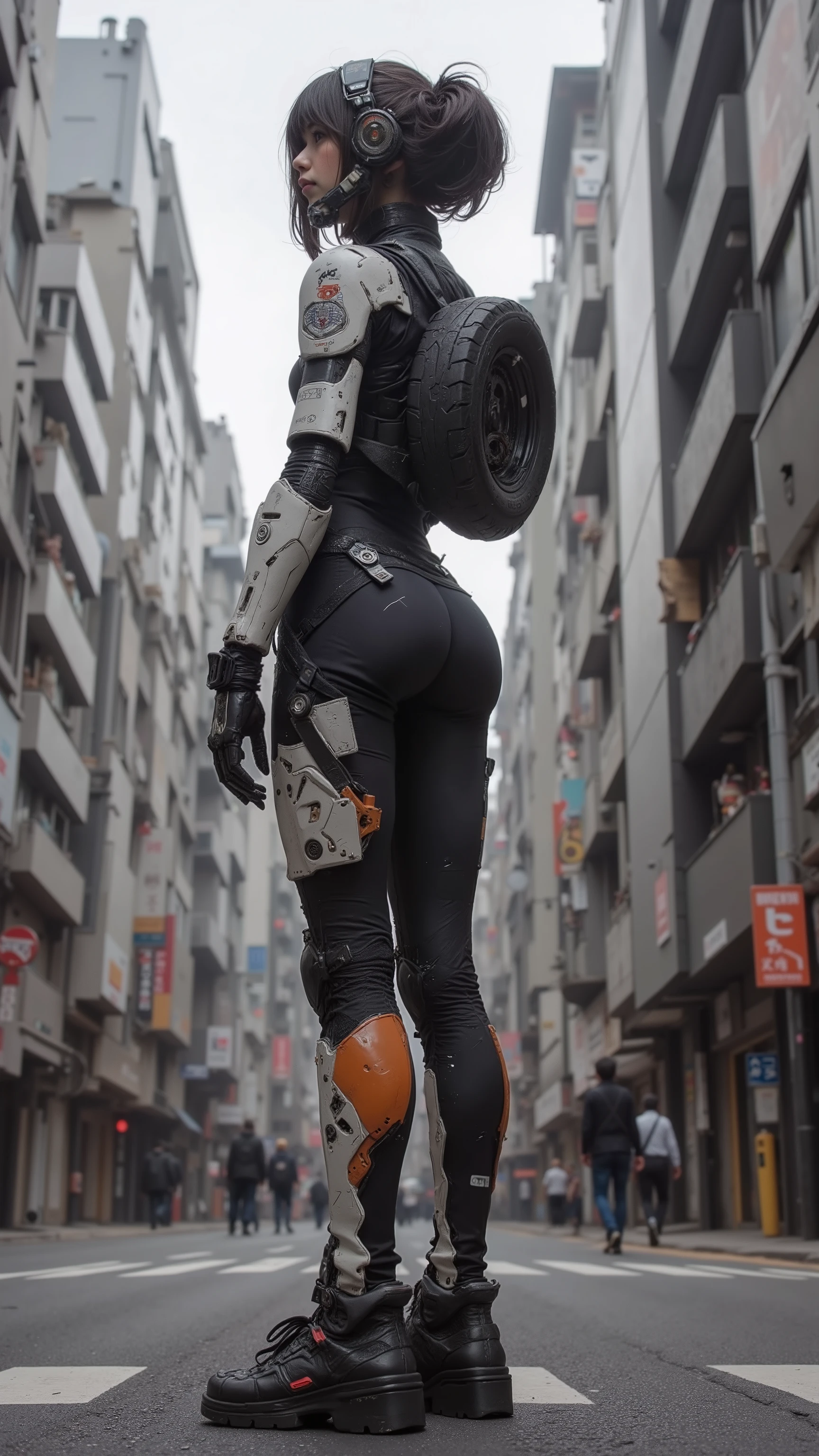 from above、 fisheye、8k, It just looks like the real thing 、 super realism 、 Slender Woman 、 white and orange combat robot 、I have a motorcycle tire on my back、straight line, Rugged design、unit paint and identification number 、 dynamic pose、Slender Gundam type robot with motorcycle tires on its back、profile、 upper body、Tokyo cityscape、Fine hand、anatomically correct、