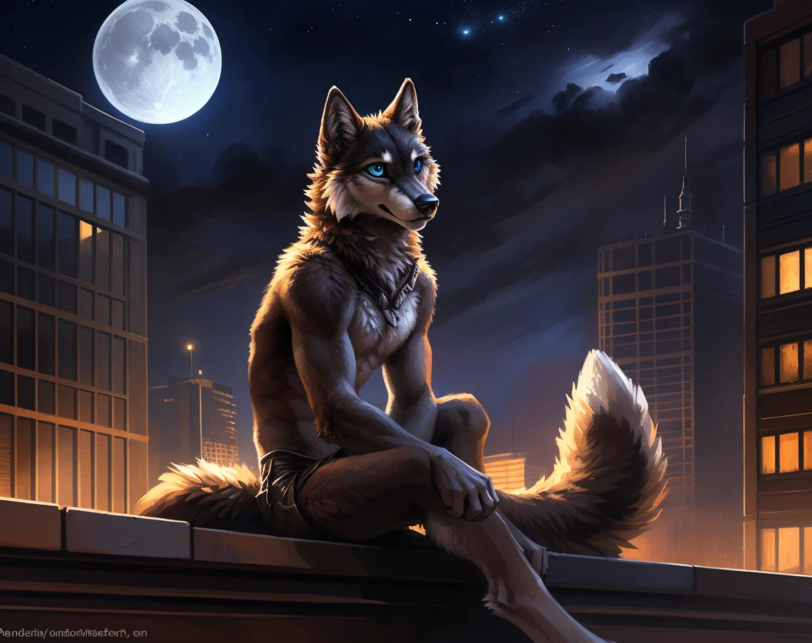 ((Solo)), male people, anthro wolf, (Multi-colored fur, White-brown:1.3), ((Wolf face, Big eyes, White eyelids, Blue pupil, Slim:1.2) (Tough, Calm expression:1.2)), (Height 2.1 meters,Tail length 1.5m), Abs, Slim, pinging, (Correct anatomy), (Contour bone:1.2), The upper body is naked, (detailed outfits), a long large tail，Feet，(Realistic fur, Detailed fur texture, labeled:1.3)), (Natural lighting), Photorealistic, Hyperrealistic, ultradetailed, by Kenket，In the modern city，Roof，the night，Sit alone，Look at the full moon，It was dark，Starry
