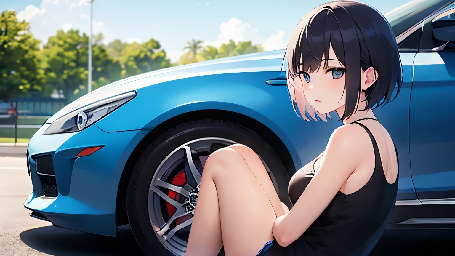 whole body, solo, alone, delicate facial features, medium tits, medium hair, black hair, tearful mole, earring, tank top shirt, cargo pants, shorts, wet,
