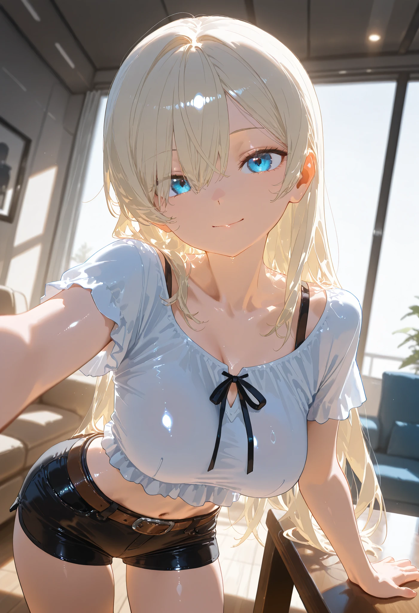 masterpiece:1.2, 8k resolution, ultra-detailed, highly detailed, detailed texture:1.4, cinematic lighting,cool lighting:1.5, atmospheric depth, cinematic framing, balanced lighting, vivid fabric detail, glossy skin:1.3, ultra glossy fabric:1.3, cowboy shot:1.7, Eye-level angle,neutral framing, detailed face composition, emphasis on face, glistening eyes:1.3,Mature physique, alone, sharp eyes, raised corner of eye, Blue eyes,Sharp facial features:1.4, soft jawline,white blonde wave long hair:1.3,medium breasts:1.3,cool skin tone, slim figure, white cropped blouse, Black Slim-Fit Shorts,thin leather belt, Inside a high-rise officetel, Full glass window,A bit dark and calm,Sofa and table, Detailed Background