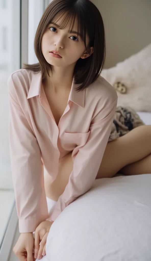 random pose、Japanese high school girl、high school uniform、light pink shirt、lying in bed、、japanese girl、 girl、small breasts、perfect breasts、perfect skin、perfect body shape、bob hair、wet black hair、bangs whorl、colorful、Light pink panties、spread your legs、