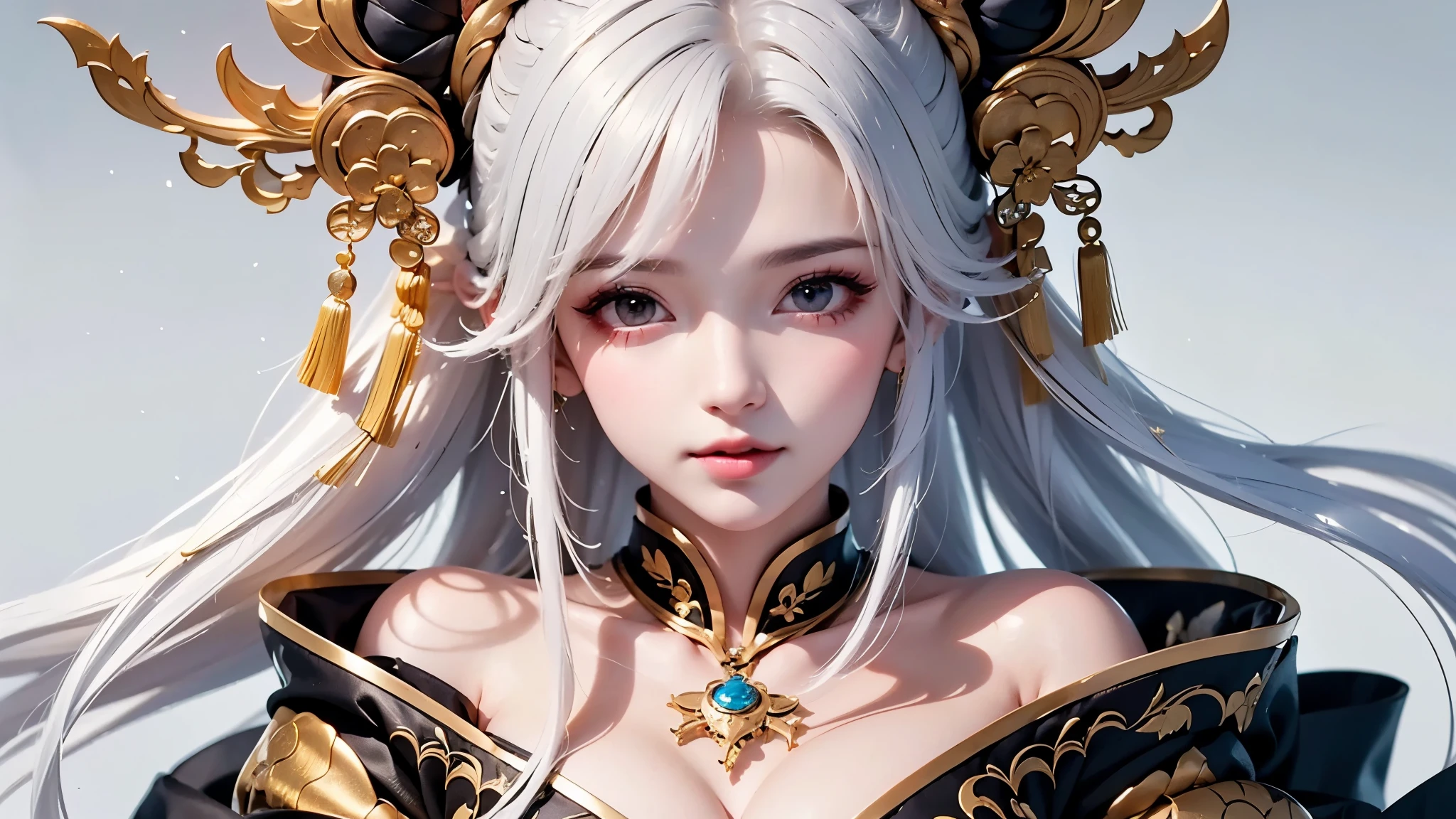 super high quality, masterpiece, Perfect illustration, Very detailed:1.6, white barance, 1girl, 23 years old, cute girl, white hair, sharp and big beautiful eyes, medium breasts, bright skin. fantasy royalty, onmyoji, majesty, asian dress. black and gold clothes. simple background, white background, white dust. hanbok、Chinese royal clothing, tilt head, look far away