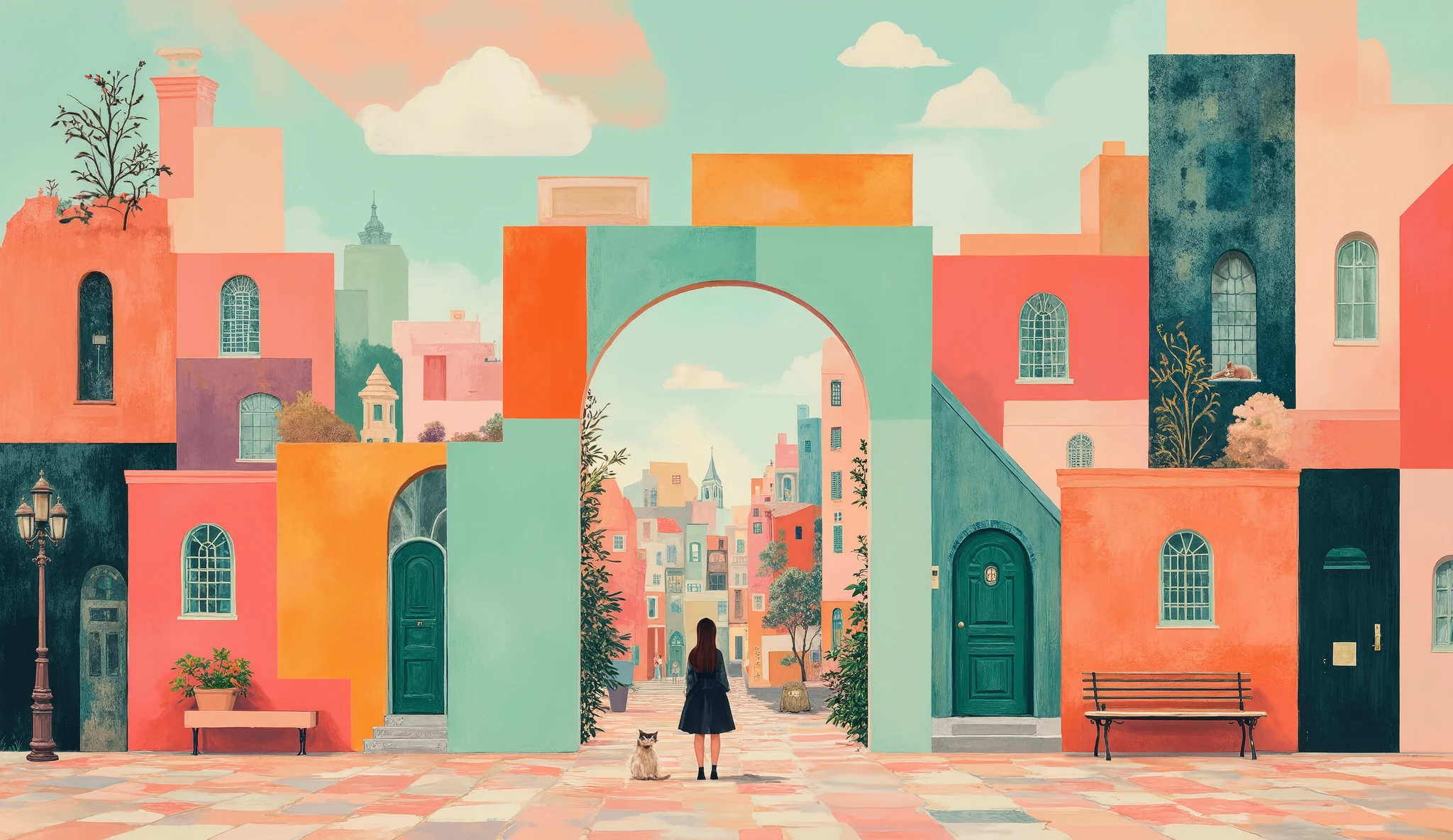 The woman and her cat stop in front of a cubist-style portal. The doorway is an angular geometric construction, painted in vibrant colors such as orange, teal, and magenta. The surrounding cubist city stretches out with fragmented buildings, deconstructed into angular forms. Windows and doors are positioned in unexpected places, and the ground is a patchwork of geometric tiles. Above, the sky is filled with abstract pastel shapes that intersect at complex angles. The perspective is fragmented, showing multiple viewpoints at once, and small details like streetlamps and benches are stylized with sharp lines and contrasting colors. Light and shadow are represented by contrasting hues rather than realistic shading, giving the scene a dynamic and animated feel.
