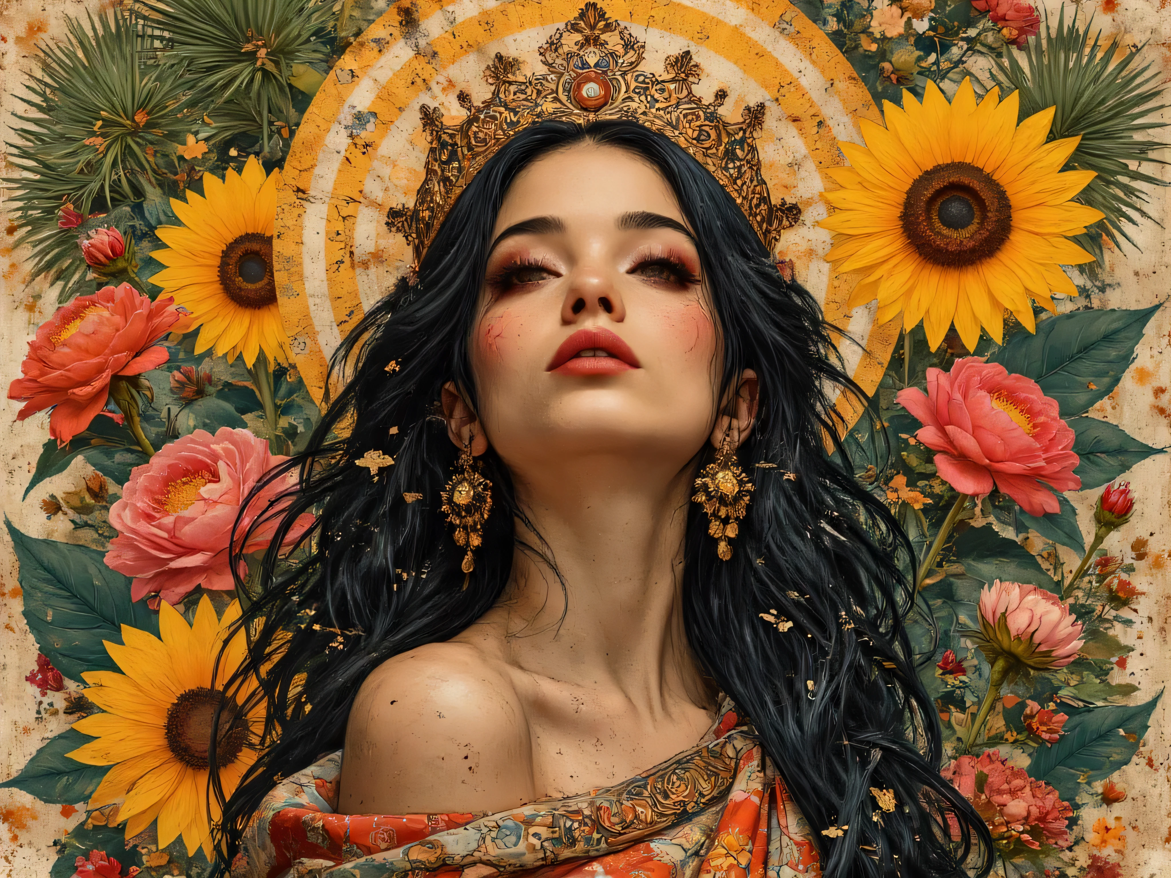 A hyperrealistic portrait painting of a pale latina woman with a halo headdress with golden crowns, dark flowing hair, and a background of palms, roses, sunflowers, and large oleander leaves like an oil painting