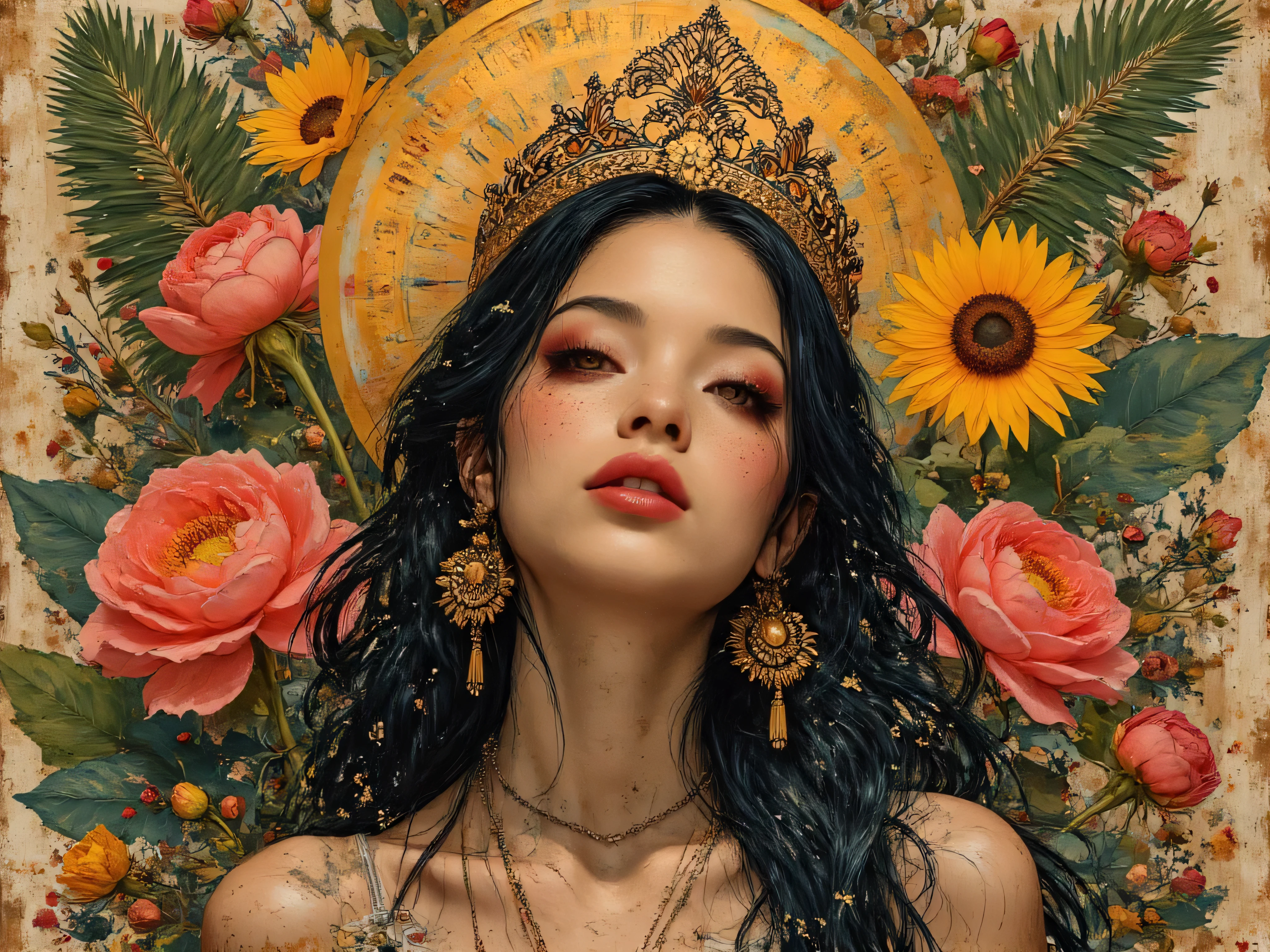 A hyperrealistic portrait painting of a pale latina woman with a halo headdress with golden crowns, dark flowing hair, and a background of palms, roses, sunflowers, and large oleander leaves like an oil painting