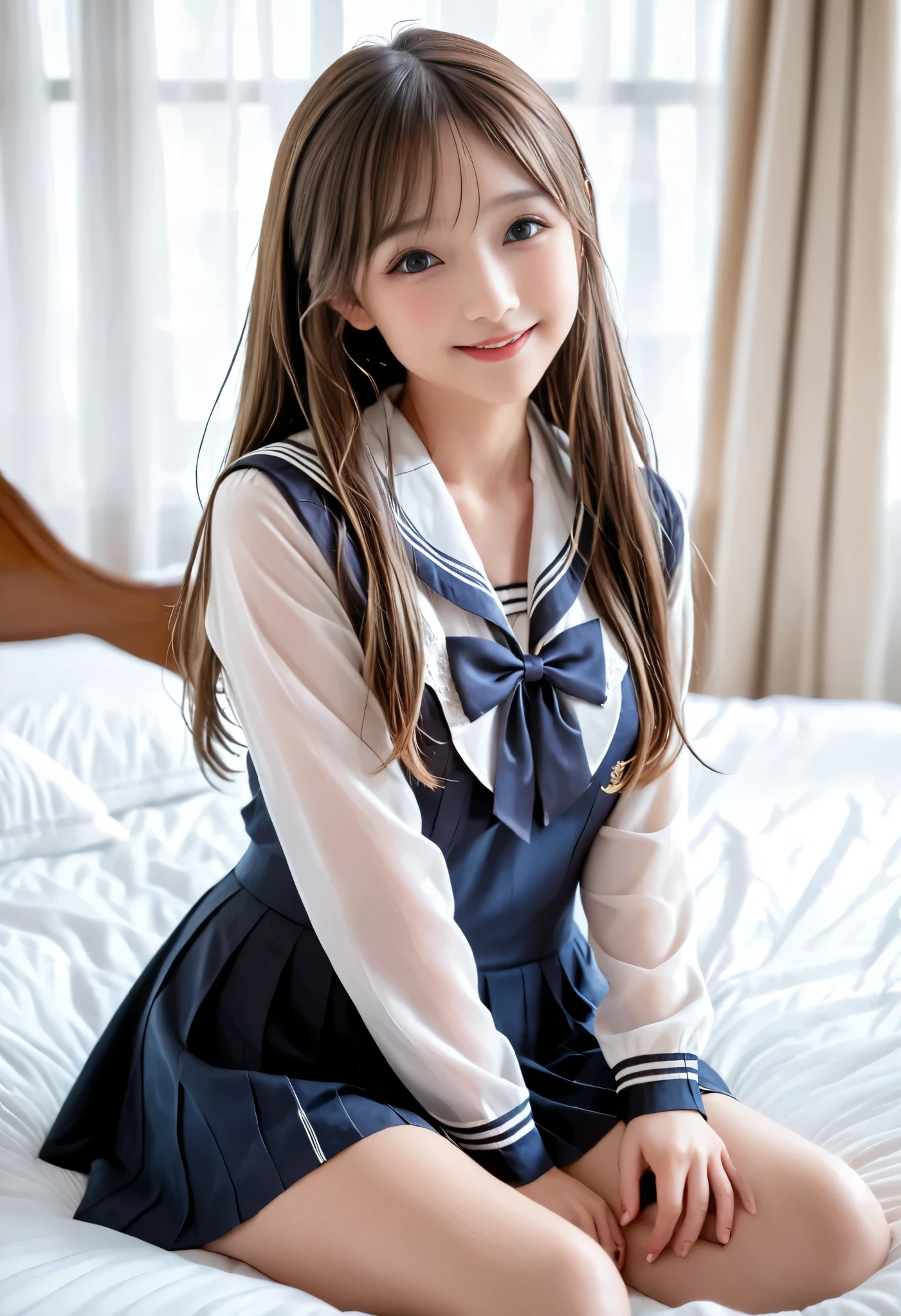 (long haired girl sitting on bed:1.2), Gentle Eyes, smiles shyly , Loosely curled hair, Girl from the front, pretty girl, Bewitching Girl, High school uniform style, New uniform suggestions , Exquisite details, ( Women's School, silk and lace sheer sailor uniform:1.2), 8K RAW photo, full body shot, masterpiece, TOP QUALITY, TOP QUALITY, Cinematic Writing, ( volumetric lighting), very detailed, 8K RAW photo, Concentrated, 8k, 16K cinematic photo, very detailed, surreal, Photorealistic, sharp concentration, is ridiculous, (high resolution:1.2), (high contrast), Detailed and complex, Instagram , portrait, High precision, Digital Painting, art station, concept art, smooth, sharp concentration, soft lighting, Cinematic Writing, cinematic photography ,