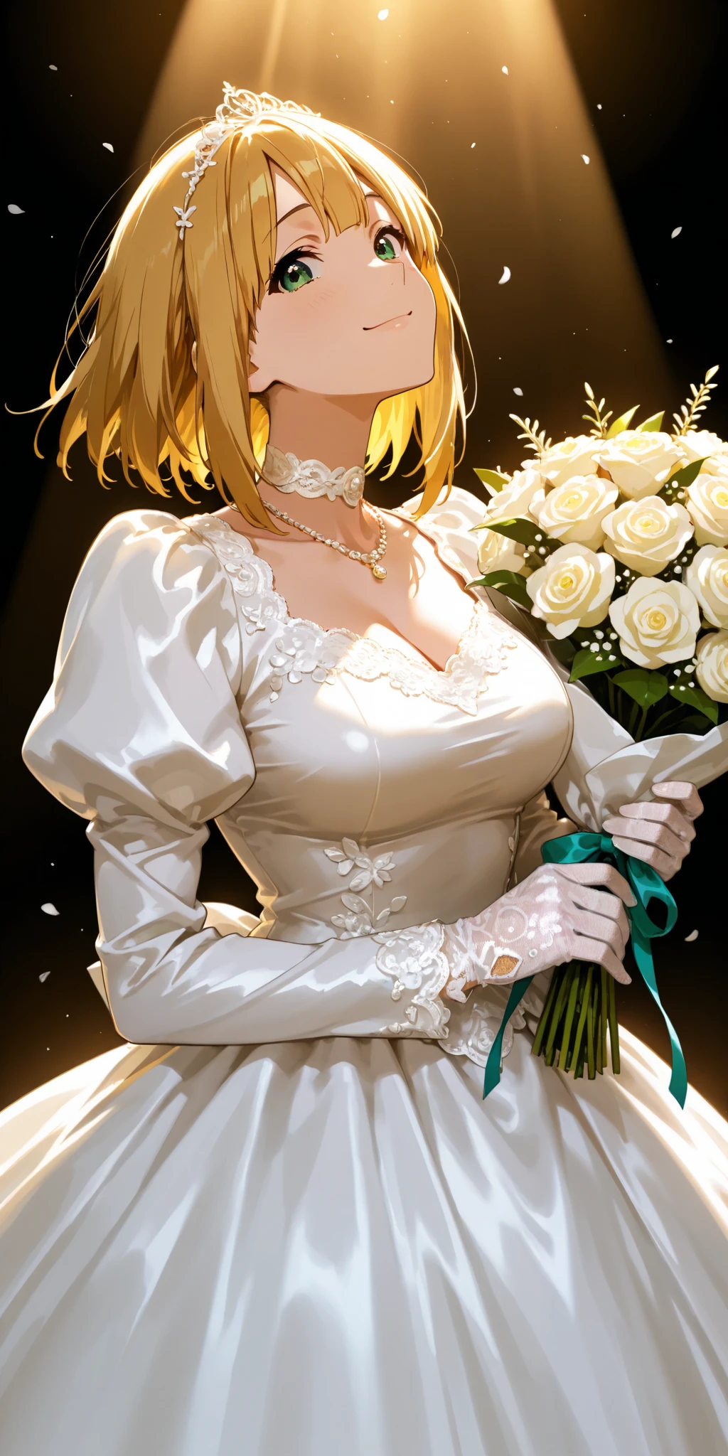 masterpiece, high score, great score, absurdres, beautiful woman, tokiwa midori, tamako market, blonde hair, beautiful green eyes, looking at viewer, smile, :), wedding dress, lace trim, choker, necklace, long dress, lace gloves, juliet sleeves, long sleeves, holding bouquet, close-up, facing up, cowboy shot, side view, simple background, vivid colors, volumetric lighting, soft lighting