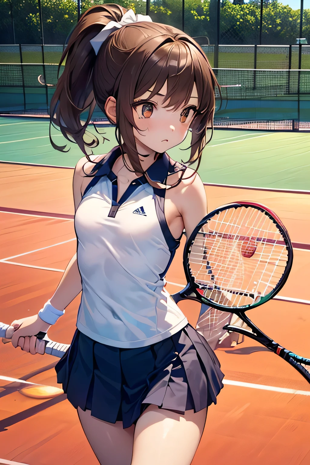 ((Pale brown hair)),((Braided shorthair)),((With black eyes)),((With bangs)),Slight red tide,(Tennis Uniforms:1.5),Outdoor tennis court,Happy smile,(white, Black and pink uniform:1.05),(Clear:1.2),(kindly smile:1.25),(active movement:1.2),(Tennis rackets),
