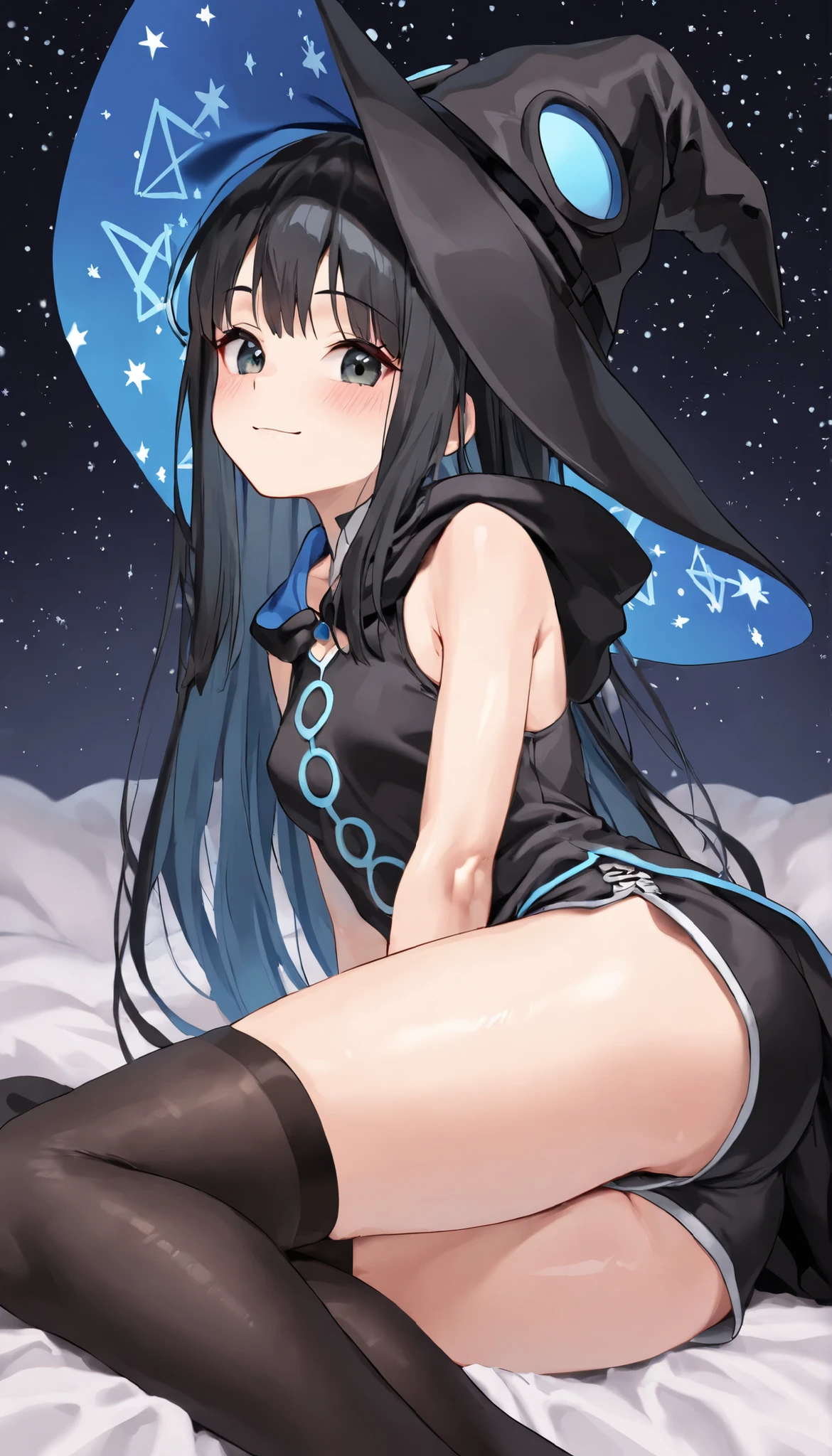 (High resolution, accurate, Best Quality, Anatomically correct, masterpiece, 8k, 16k, Wallpaper), 1girll, White colored sleeveless blouse, Long black hair, looking at viewer, light particules, Smile, starry sky, Wizard's Hat, By bangs, From the side, (wearing black hooded coat), (fluffy), tilt of the head, beatiful detailed eyes, detailed back ground, black long socks