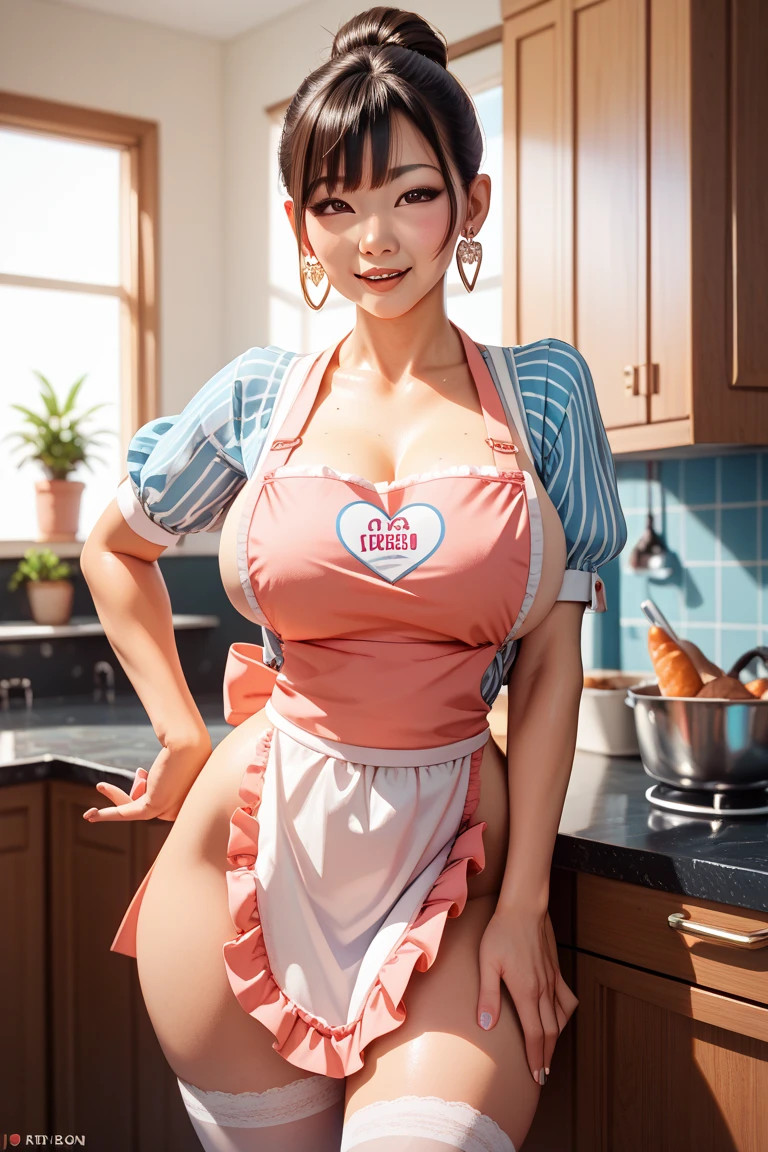 miyamoto rei, long hair, breasts, brown hair, antenna hair, brown eyes, knitted white long sweater, apron, leaning forward, Christmas print on apron, apron print, cooking, cookie, girl bakes cookies, kitchen, (winter:0.8), (lighted garlands:0.7), Christmas \(theme\),  master shot, cinematic, detailed character design, digital art, Resolution: 4k, best quality, masterpiece, high resolution, 