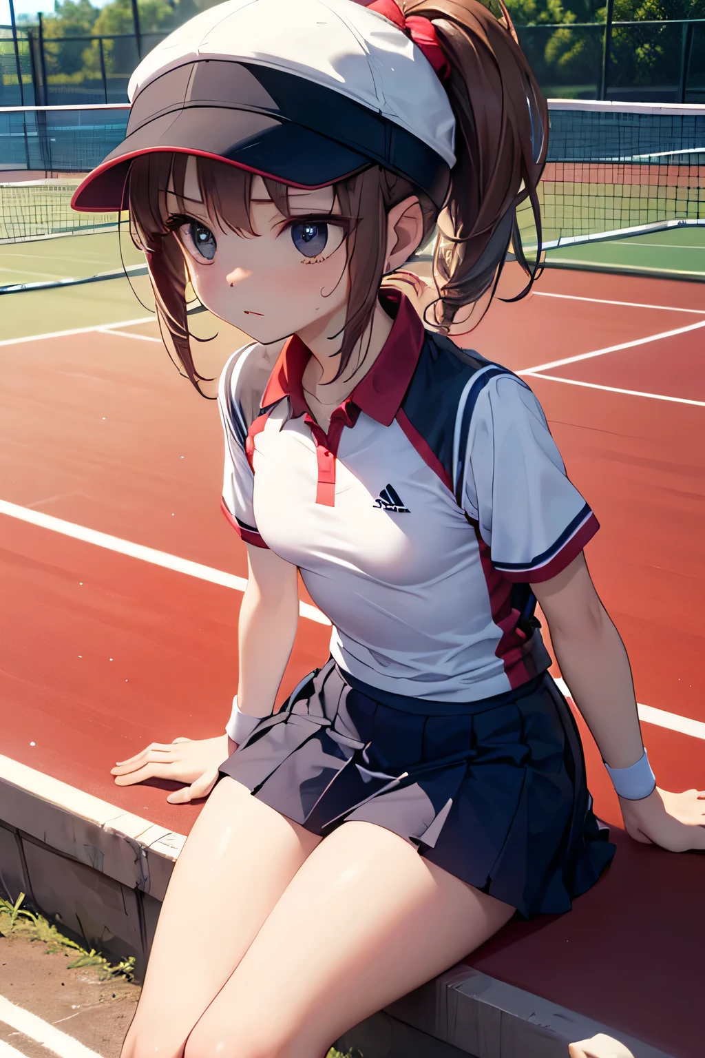 masterpiece, 1 girl, alone, yukino yukinoshita, shining eyes, white sneakers, tennis wear, white mini skirt, white panties, white knee socks, masterpiece, highest quality, realistic, very detailed, blue sky, Tennis court -- automatic、(masterpiece, best quality:1.2),illustration,8k,hd,1girl,solo,upper body,(portrait:1.2),brown_hair,folded_ponytail,brown_eyes,serafuku,long_hair,school_uniform,skirt,pleated_skirt,
