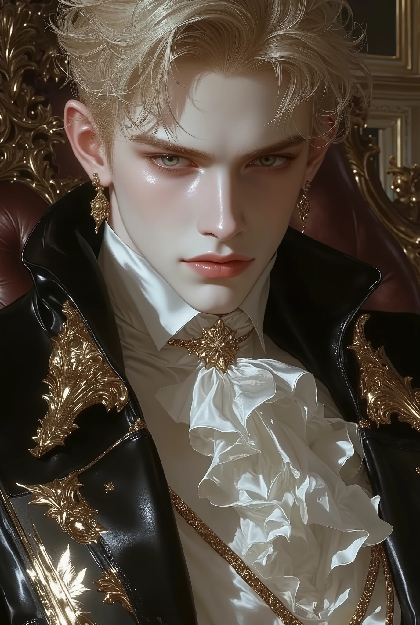 Boy, blonde hair, dark blue eyes, sharp features, sharp nose, pale pink lips, light white skin, handsome, perfect, elegant, wearing Victorian clothes, noble, cool, classic, high quality, clear colors.