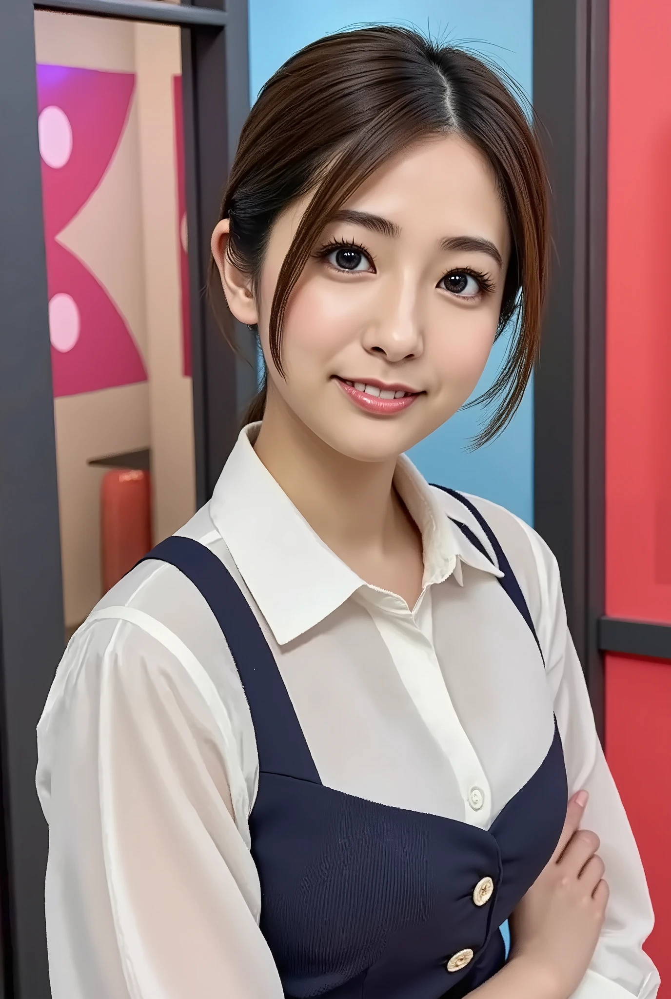1 girl, newscaster, ((Beautiful breasts)), ((exposure of skin)), Smooth White Skin, Smooth thighs, Smooth clothes, (Beautiful face), enchanting face, show forehead, Long Hair, (bun hair), super detailed face, Glossy lips, Brown Eyes, long lashes, double eyelids, teardrop bags, (Casual wear), ((Open front shirt)), ((Pleated mini-skirt)), news studio, (Full body), (see inside the skirt), (pantyhose), Standing, (low angle), first-person view, f/4.0, 135mm, Nikon, UHD, masterpiece, anatomically correct, textured skin, high quality, highres, HD, 16k