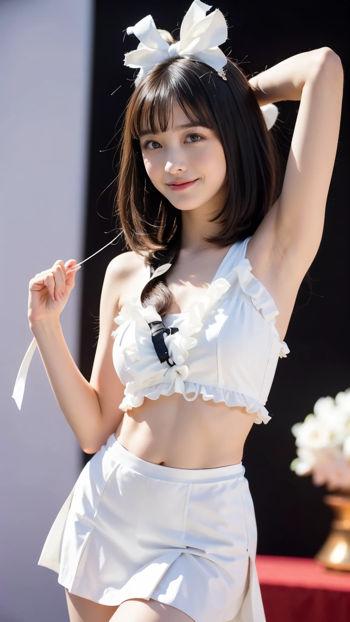 (( masterpiece)),((smile))、( very slim:1.7、very thin thighs :1.6, show me her armpits :1.3)、(( sexy idol、ultra-thin enamel costume:1.5, frill, race, flower, super miniskirt , Big Ribbons on the Head, Japanese Idol Stars , Armpits))、 long legs, girl :1.5、( droopy eyes :1.5), very short bob hair、 thin waist、 long legs、 big round eyes