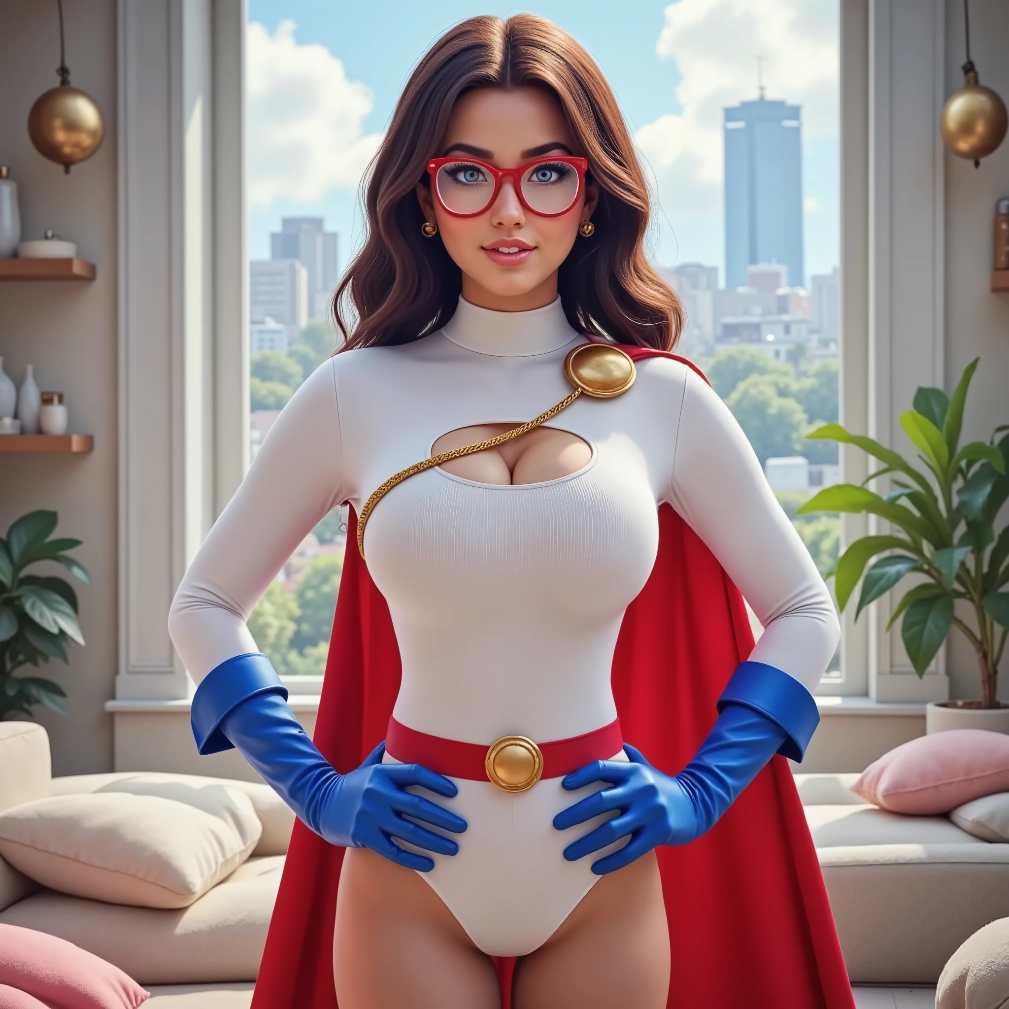 ("TEXT BUBBLE: I AM POWERGIRL") DREAMY REALISTIC BLUE EYES. LATINO MEXICAN GIRL GRACEFULLY STANDING WITH HER HANDS ON HER HIPS, a 17-year-old LATINO girl, dark- CHOCOLATE skinned and beaming. She's wearing a brand-new WHITE LONG SLEEVE TURTLE NECK LEOTARD WITH A LARGE HOLE CUT OUT IN TH E CENTER OF THE CHEST, A PAIR OF BLUE POWERGIRL GLOVES, A PAIR OF BLUE FLAIRED BOOTS, A LONG RED CAPE ATTACHED TO THE SHOULDERS AND A RED WAIST BELT WITH A GOLD CIRCULAR BUCKLE. She's wearing a pair of bright red glasses, but they can't hide the stunning, sexy blue of her eyes. They sparkle with excitement, reflecting the vibrant colors of the suit. VERY SEXY AND CUTE. INTRECATE DETAILS AND TEXTURES, 4K HIGH RESOLUTION. MUSCULAR