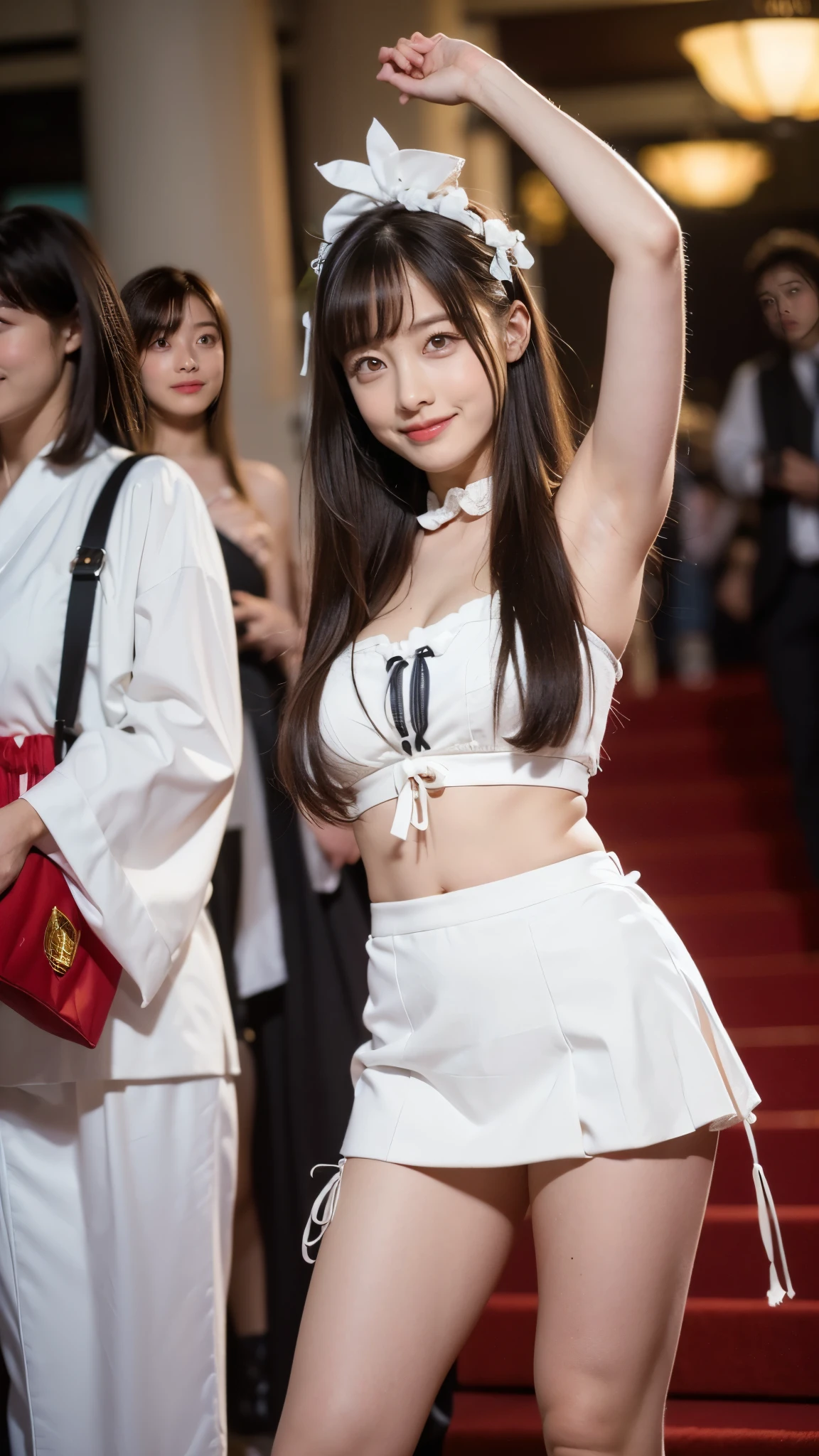 (( masterpiece)),((smile))、( very slim:1.7、very thin thighs :1.6, show me her armpits :1.3)、(( sexy idol、ultra-thin enamel costume:1.5, frill, race, flower, super miniskirt , Big Ribbons on the Head, Japanese Idol Stars , Armpits))、 long legs, girl :1.5、( droopy eyes :1.5), very short bob hair、 thin waist、 long legs、 big round eyes
