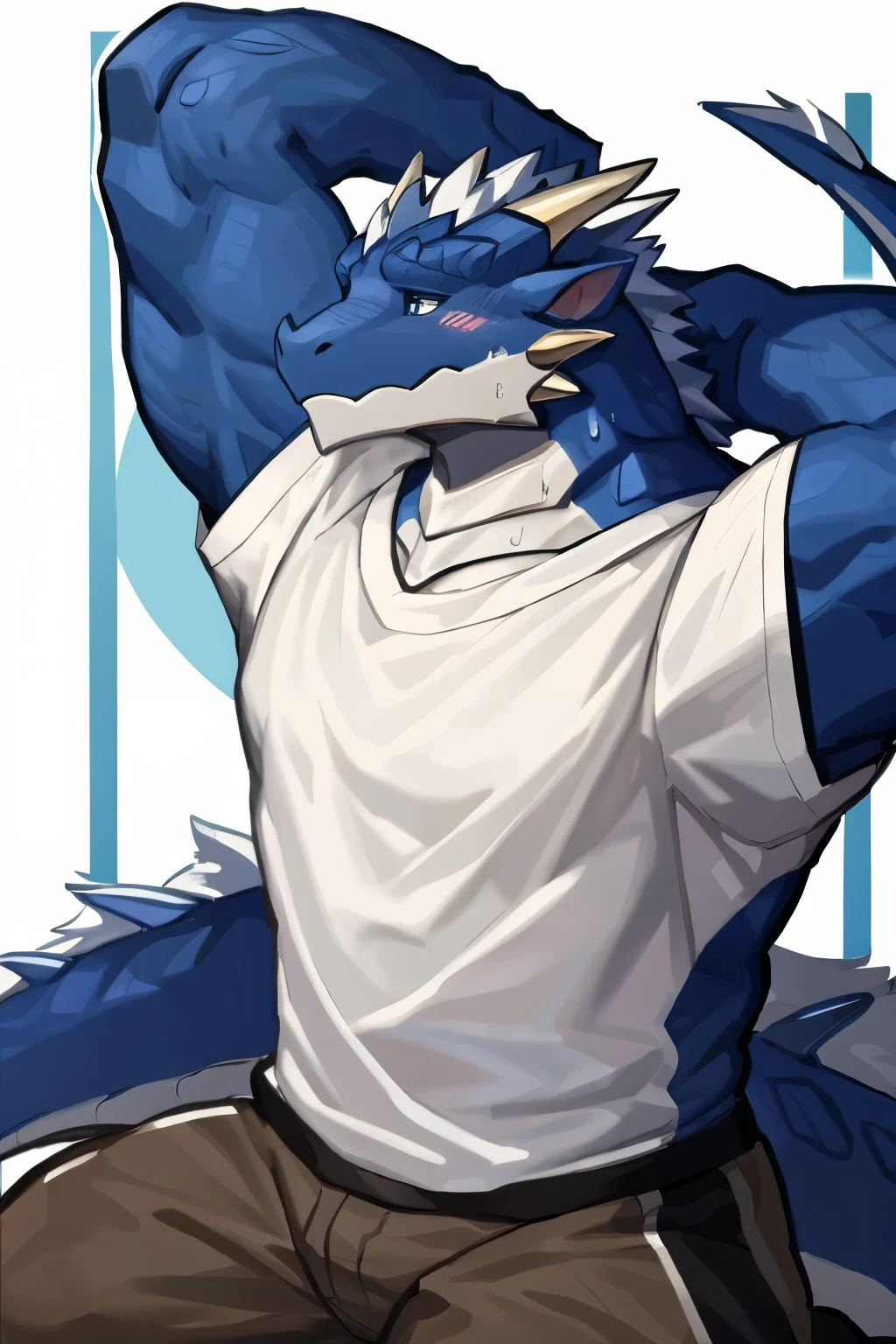 anthropology, dragon, furry, black and white fur, places where people gather , furry, sweating, SUPERFECT BLUE EYES , Big pink , has big muscles , handsome, Shy face, Kneeling, Upward view, Look to the right, hands behind the head, shirt, high quality, super detailed, 1080P, high quality, high quality, best quality, 8,000, super detailed, 16K