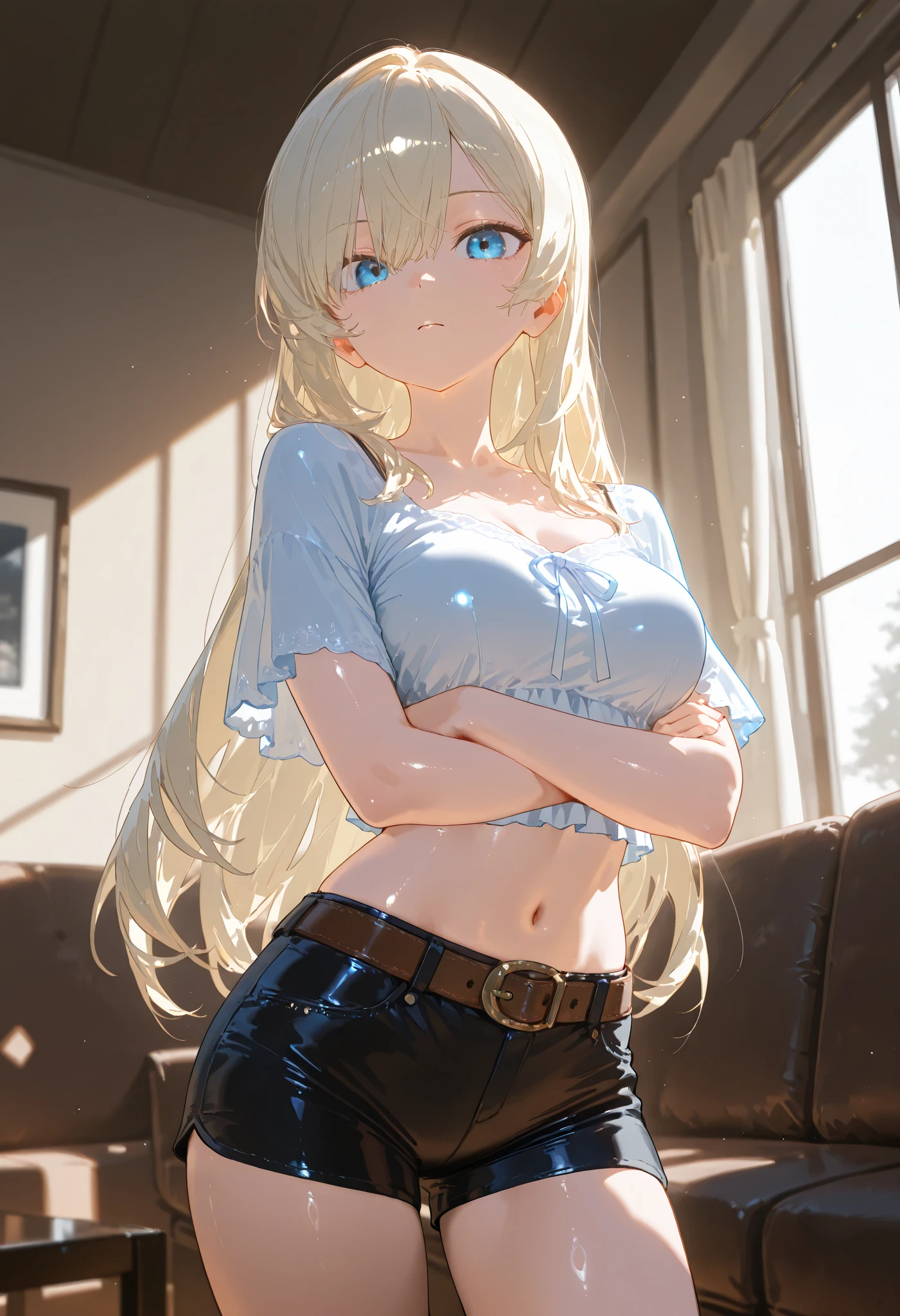 masterpiece:1.2, 8k resolution, ultra-detailed, highly detailed, detailed texture:1.4, cinematic lighting,cool lighting:1.5, atmospheric depth, cinematic framing, balanced lighting, vivid fabric detail, glossy skin:1.3, ultra glossy fabric:1.3, cowboy shot:1.7, Eye-level angle,neutral framing, detailed face composition, emphasis on face, glistening eyes:1.3,Mature physique,  alone, sharp eyes,  raised corner of eye, Blue eyes,Sharp facial features:1.4, soft jawline,white blonde wave long hair:1.3,medium breasts:1.3,cool skin tone,  slim figure,A cold and bold expression, white cropped blouse, Black Slim-Fit Shorts,thin leather belt, Seated on a sofa with arms crossed,Inside a high-rise officetel, Full glass window,A bit dark and calm,Sofa and table,  Detailed Background 

