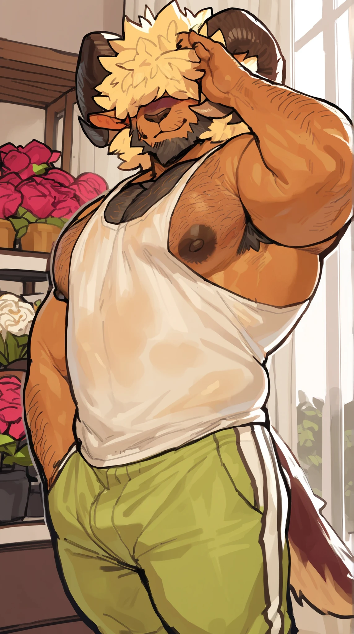 bara ram, full body, perfect anatomy, masterpiece, hunk, huge ram horns, florist, thin beard, dynamic light, blond afro haircut, afro covering the eyes((, the hair is covering the eyes):1.1), hair shoulders, hairy chest, hairy arms, solo, great lighting, by bebebebe, by ZIXiong, by zackary911, by SligarTheTiger, by RED8EAN, white outline, very detailed face, solo, working in a flower shop, detailed face expression, looking at the viewer, florist outfit, dirty oversized tanktop revealing the nipples, low chino pant, holding flowers