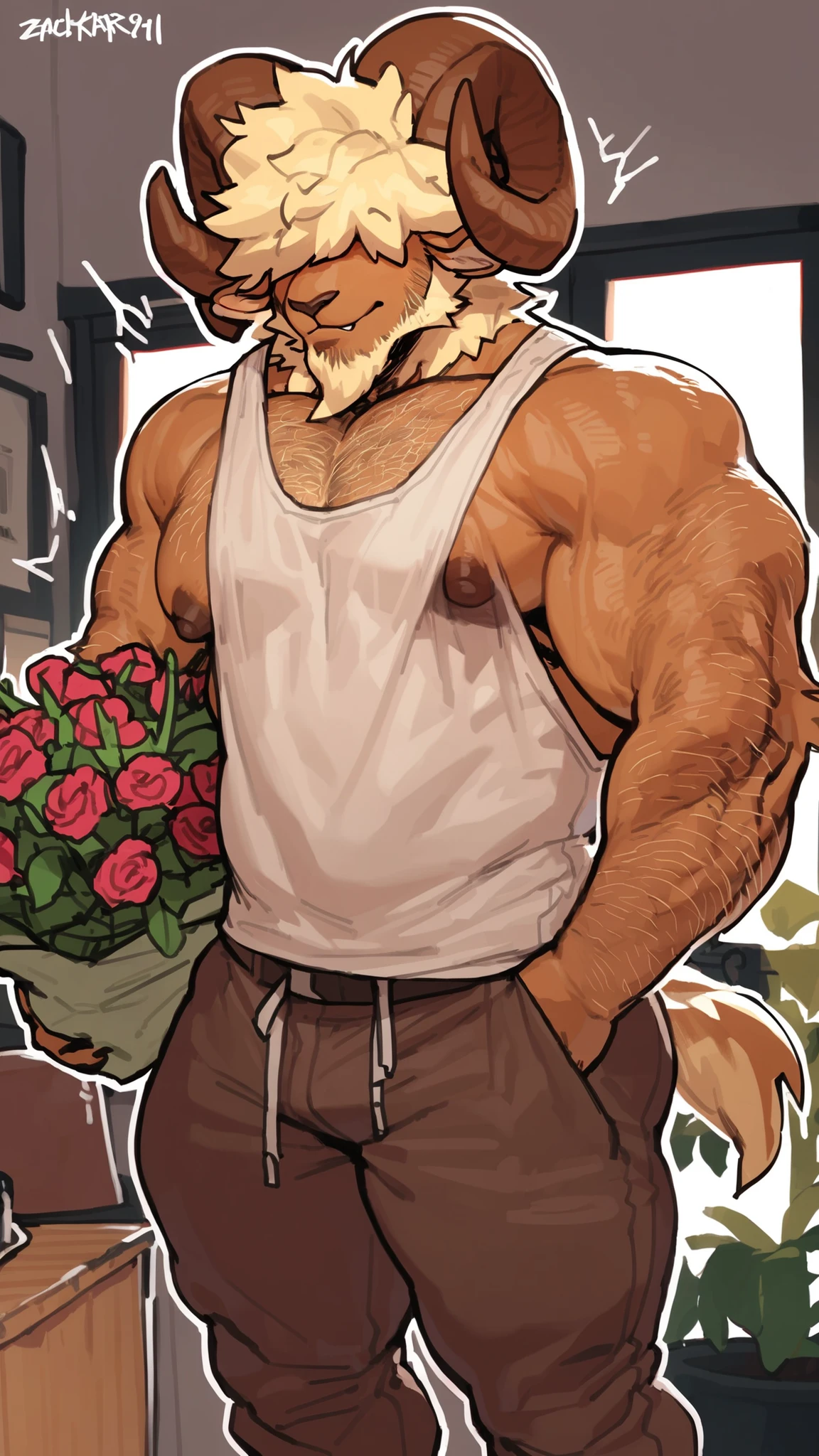 bara ram, full body, perfect anatomy, masterpiece, hunk, huge ram horns, florist, thin beard, dynamic light, blond afro haircut, afro covering the eyes((huge ram horns, the hair is covering the eyes):1.1), hair shoulders, hairy chest, hairy arms, solo, great lighting, by bebebebe, by ZIXiong, by zackary911, by SligarTheTiger, by RED8EAN, white outline, very detailed face, solo, working in a flower shop, detailed face expression, looking at the viewer, florist outfit, dirty oversized tanktop revealing the nipples, low chino pant, holding flowers