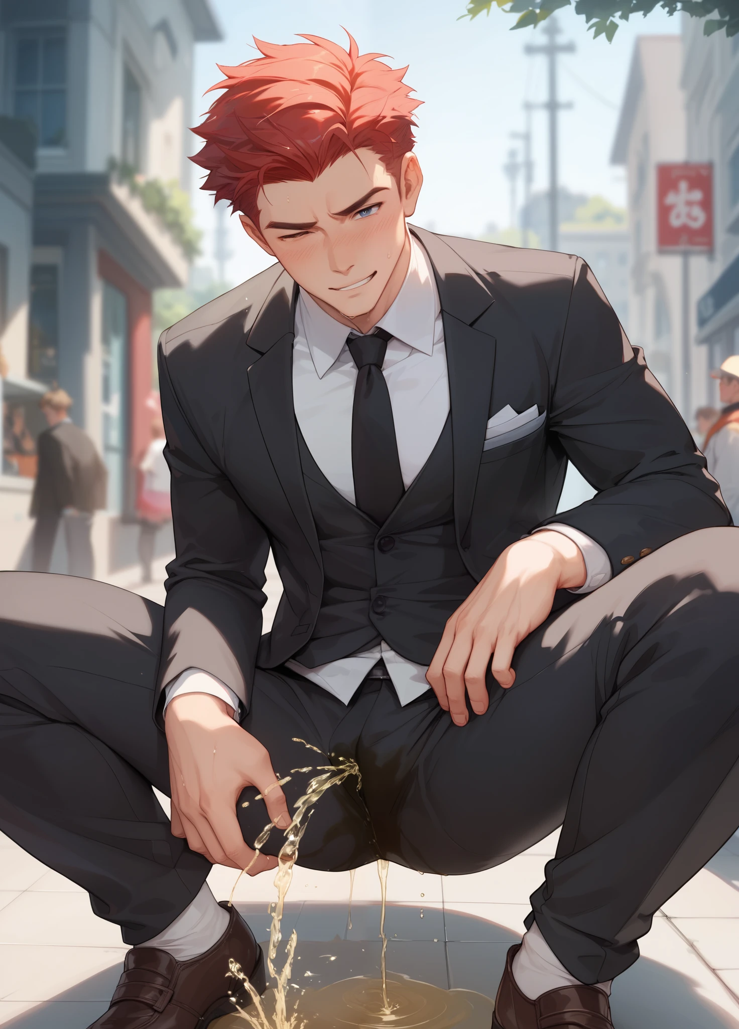 LiaqN.Red haired man.Handsome.Wearing a black suit tie.He couldn't hold his pee.There is a large pee wet spot on his crotch.Pee stain on his pants.Pee wet spot on his crotch.He is ashamed of peeing himself
